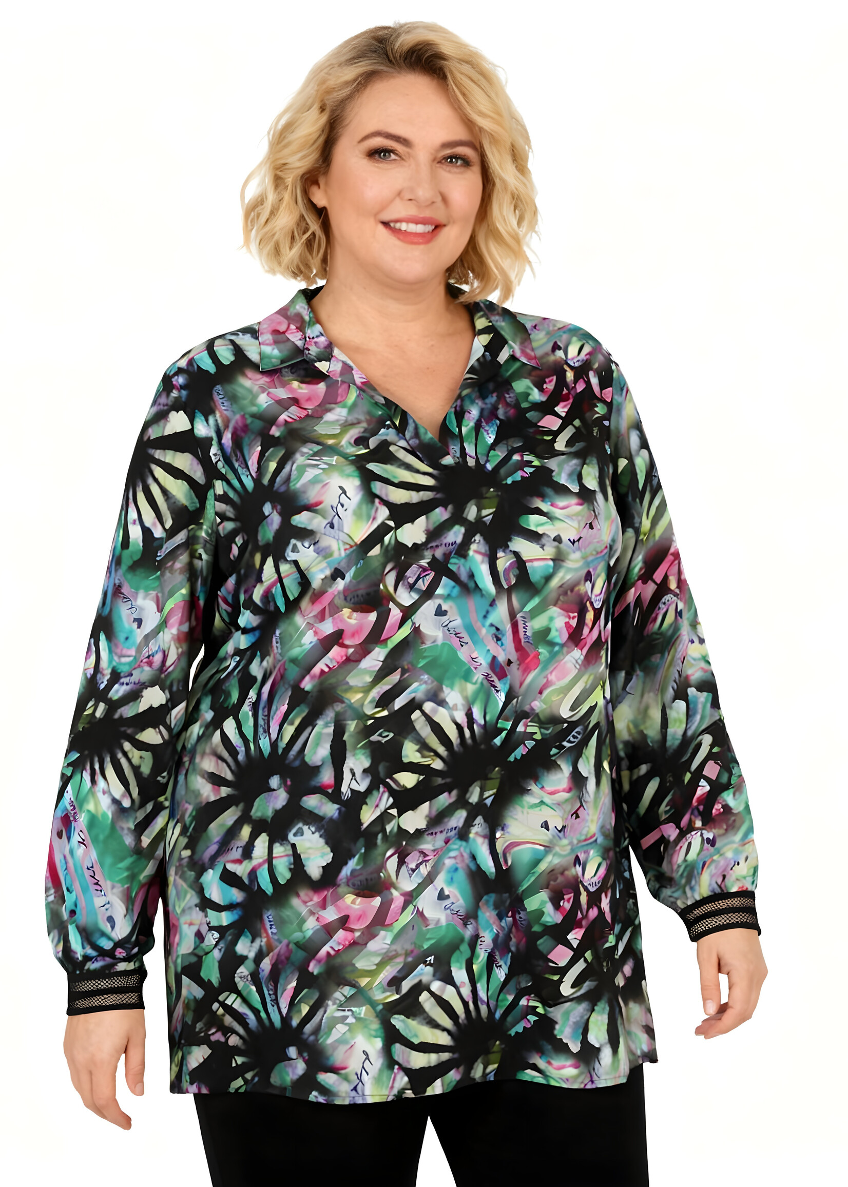 Doris Streich Doris Streich blouse – gestyleerde bloemenprint op zwarte basis