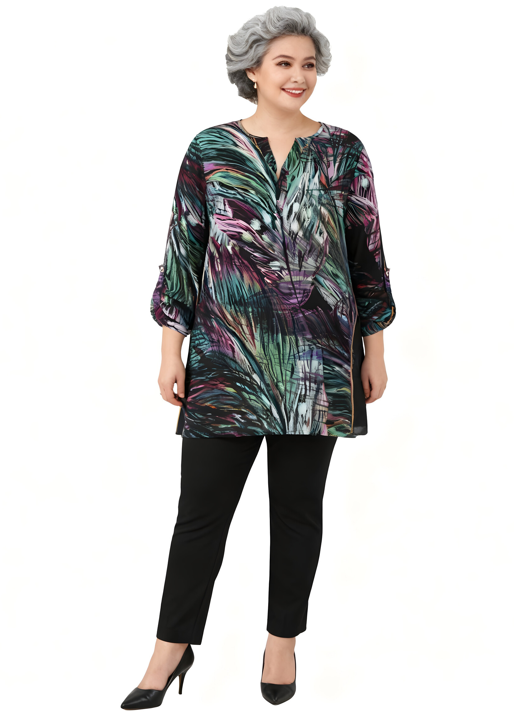 Doris Streich Blouse van Doris Streich in zwart, paars en groen – stijlvolle plus size lange blouse