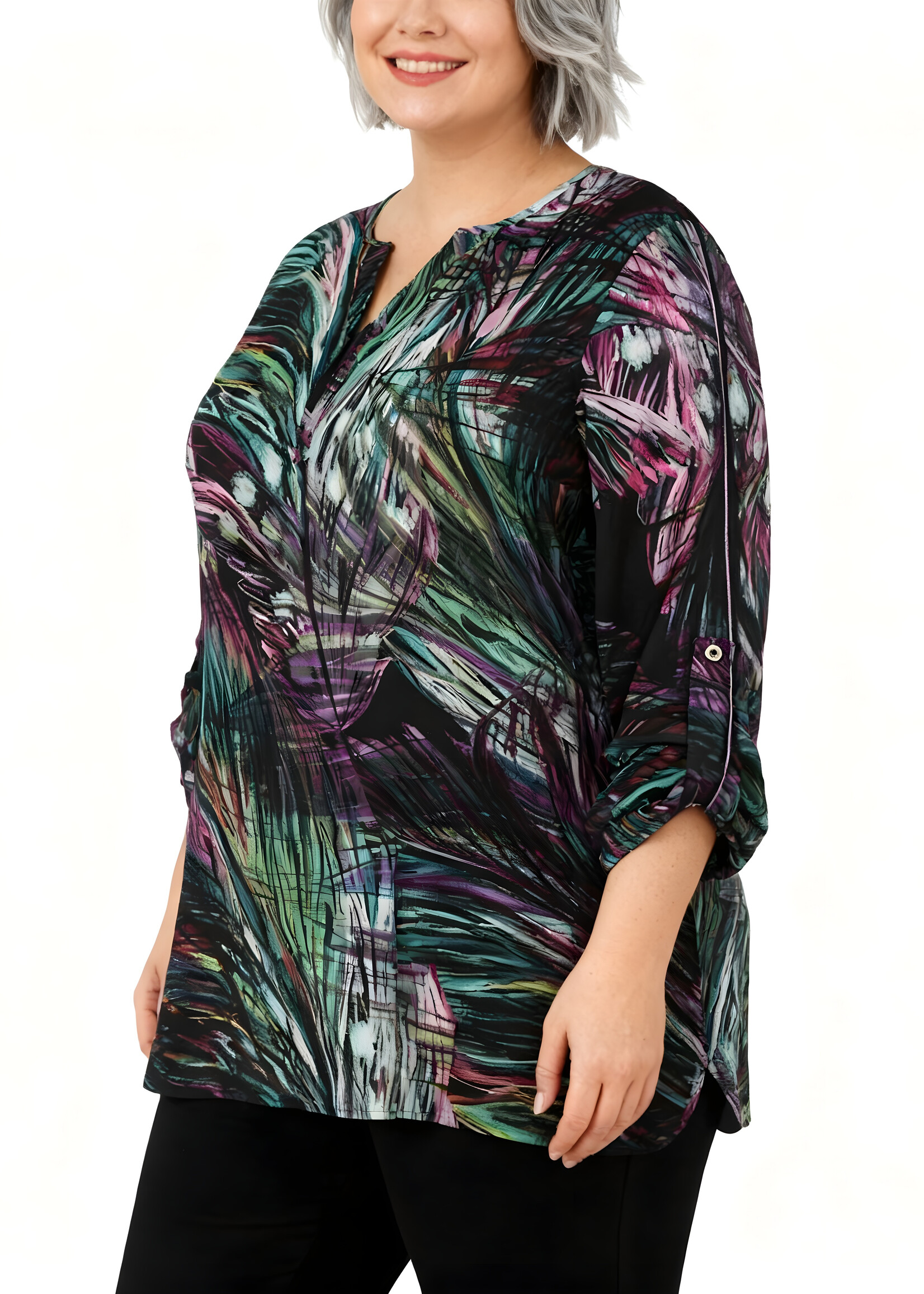 Doris Streich Blouse van Doris Streich in zwart, paars en groen – stijlvolle plus size lange blouse