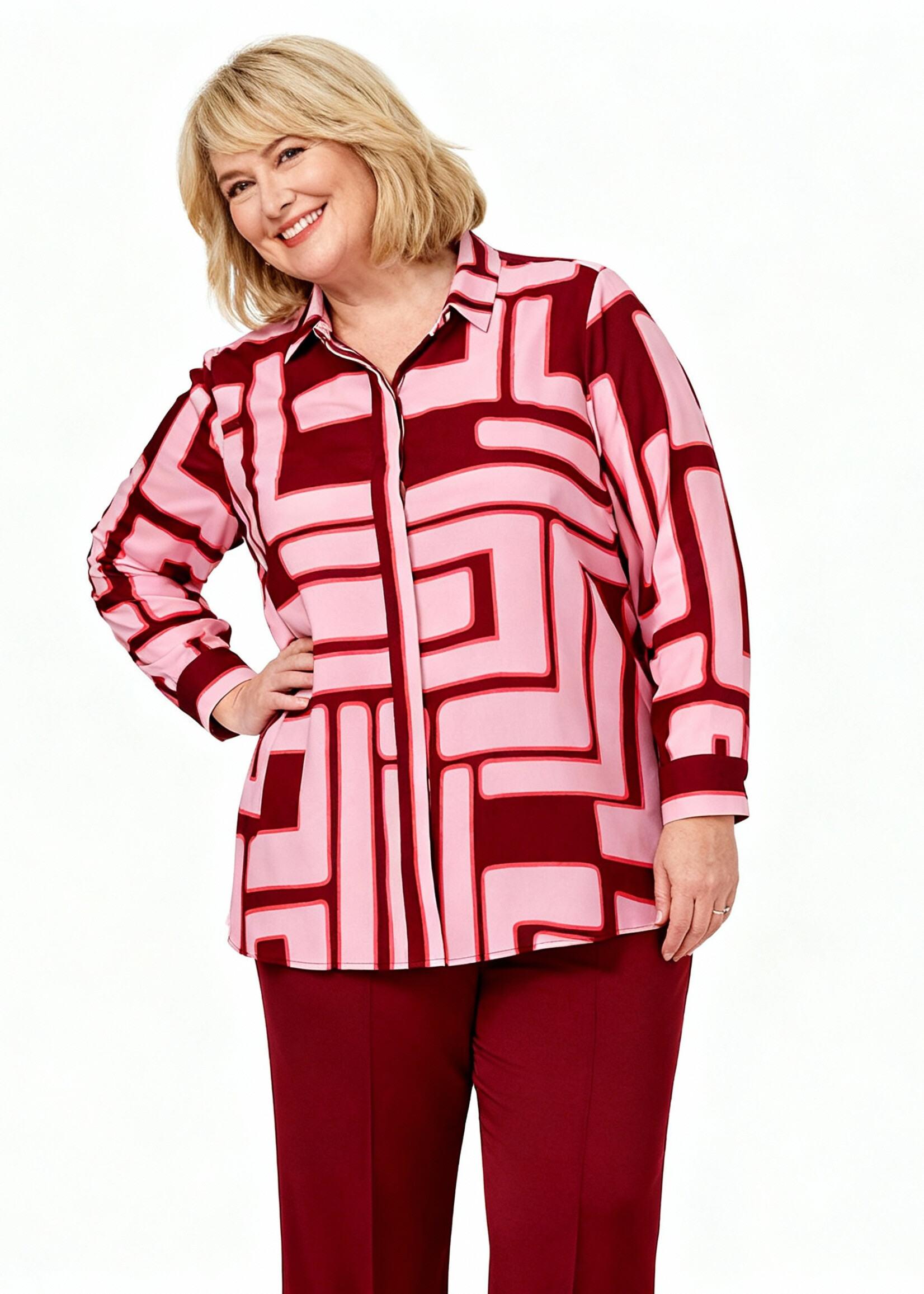 Via Appia Via Appia Due blouse – grafische print in aubergine en rosétinten