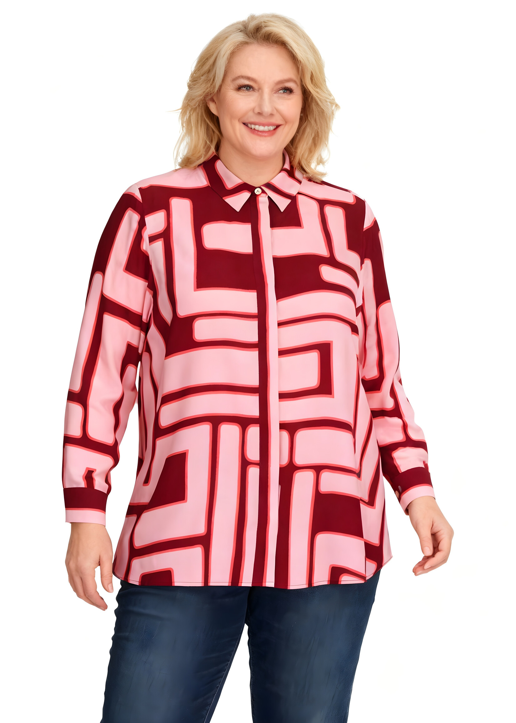 Via Appia Via Appia Due blouse – grafische print in aubergine en rosétinten