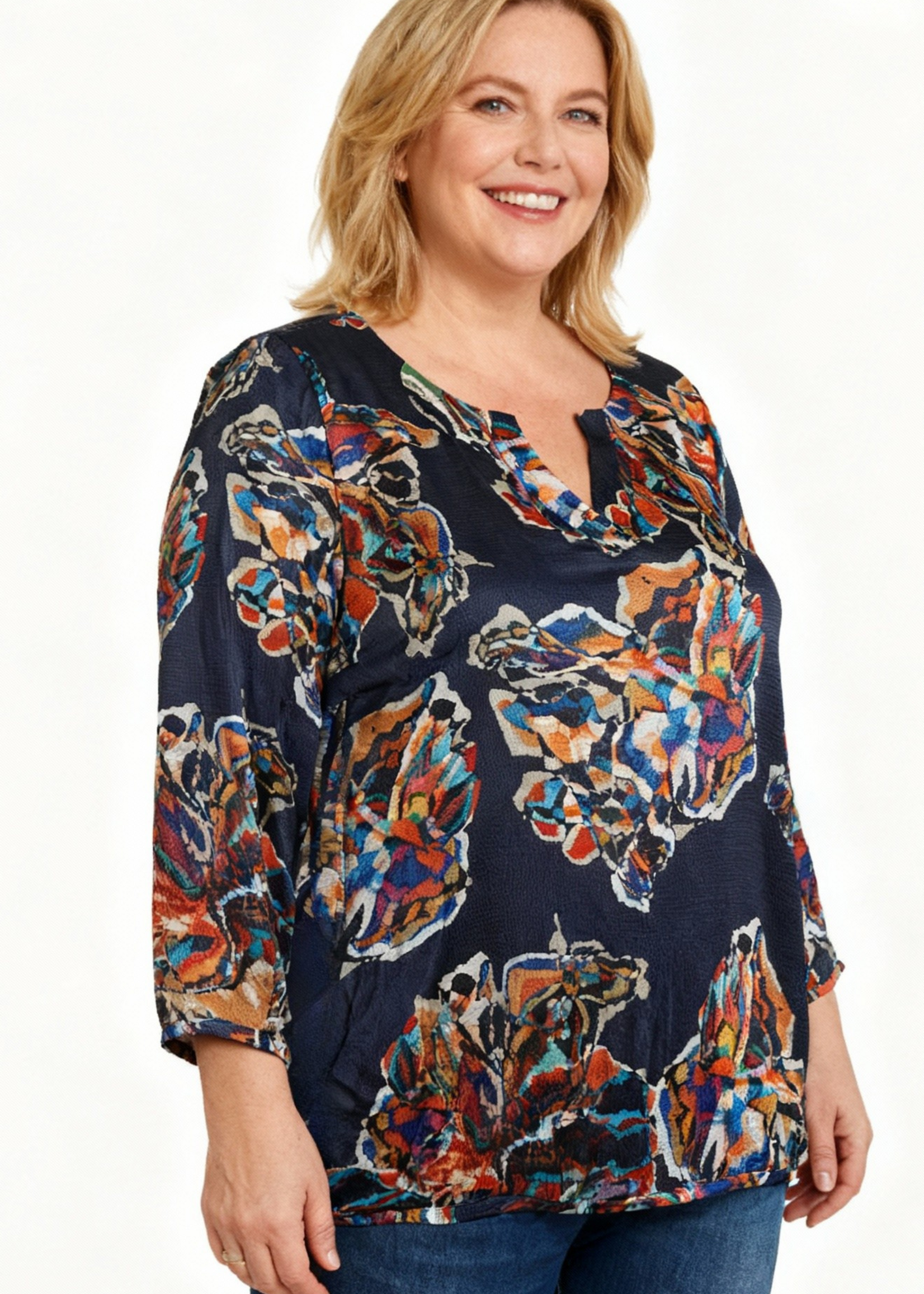 Frapp Via Appia blouse – diepblauw/zwart met kleurrijke print (2555698)