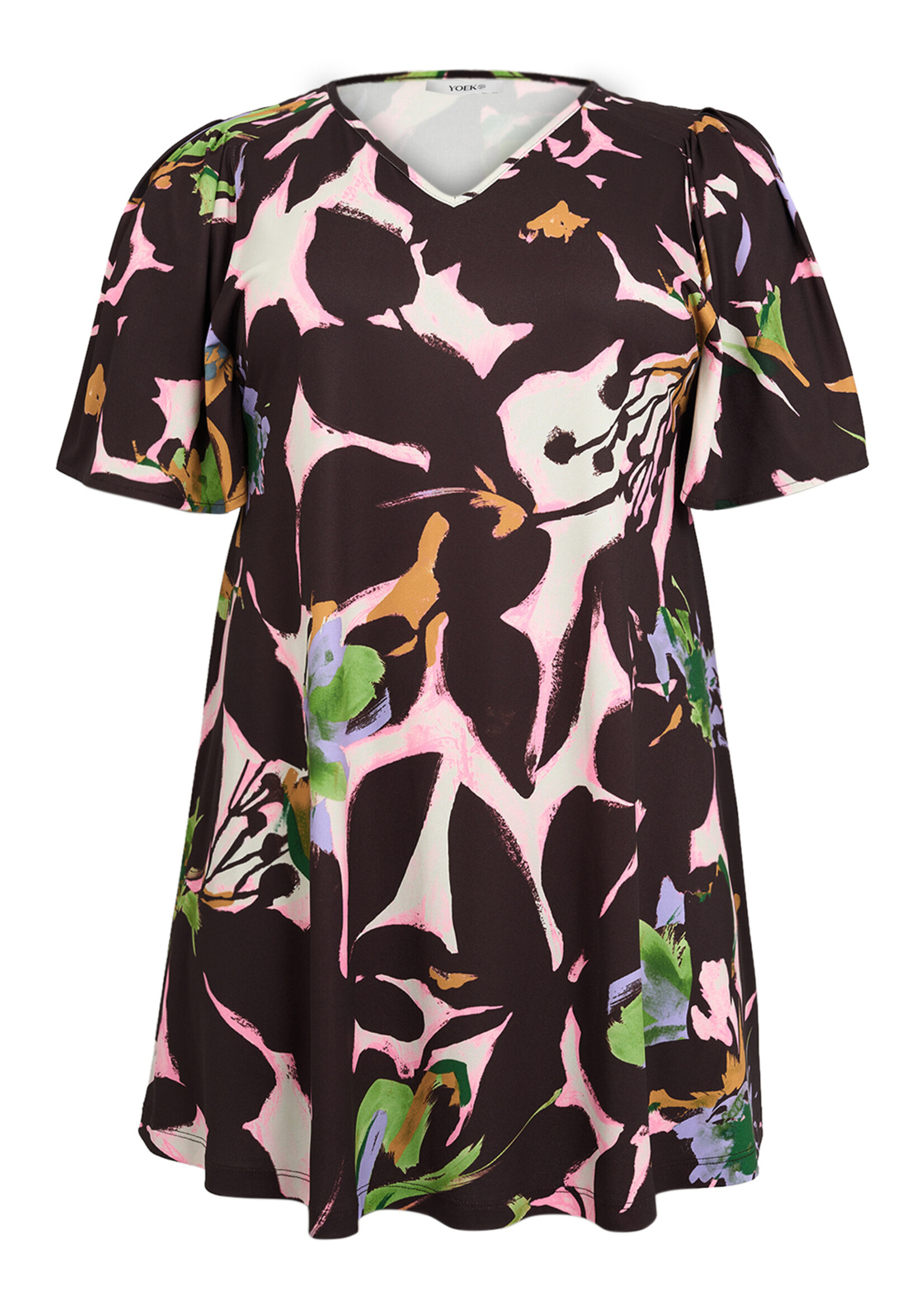 Yoek Yoek Tuniek Elodea – Wide Bottom A-lijn tuniek met geplooide mouw, off-white met donkerrode print