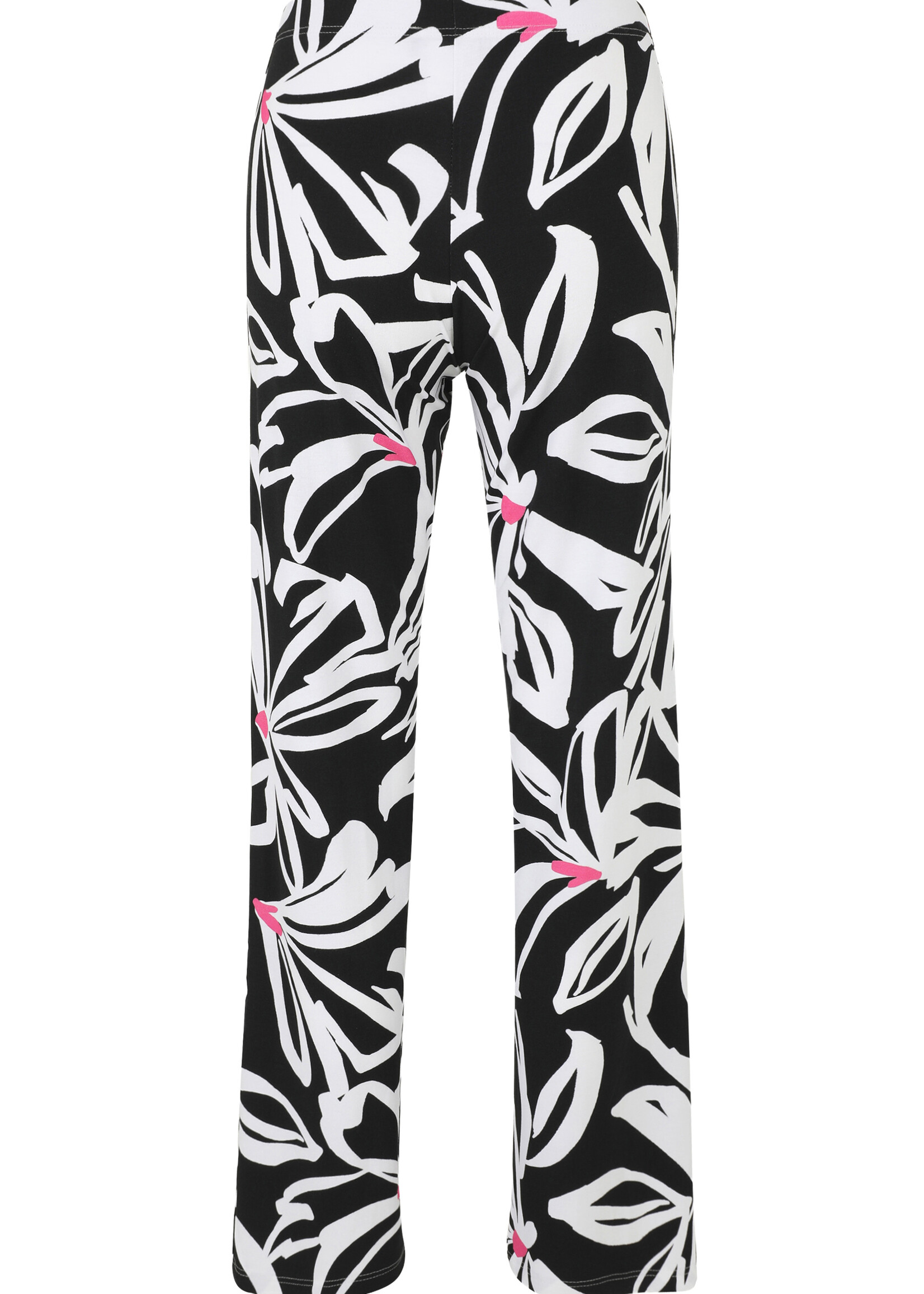 Doris Streich Doris Streich broek met zwart-witte bloemenprint en roze accenten – viscose jersey – 32 inch