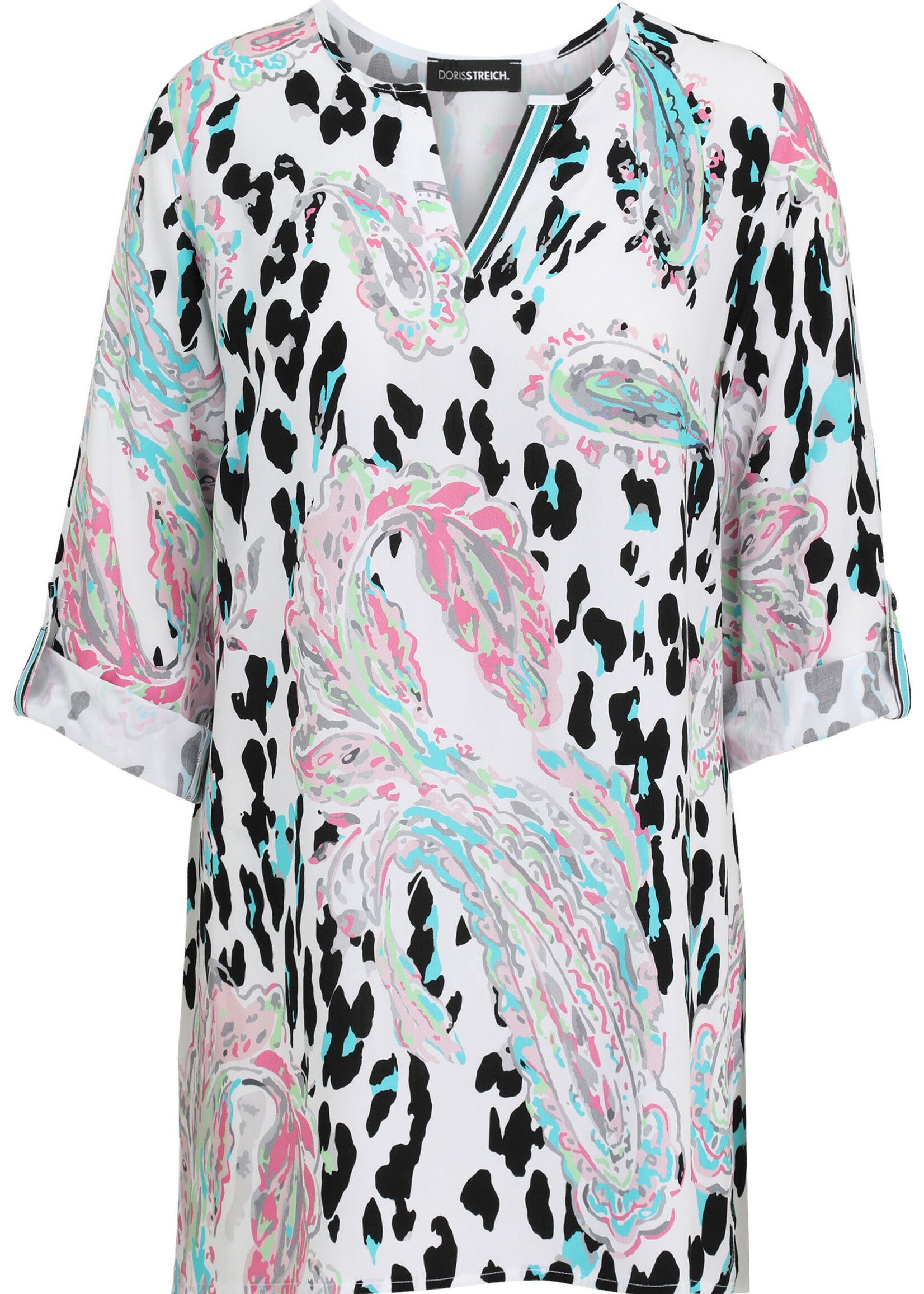 Doris Streich Doris Streich blouse 235153 – lange viscose blouse met paisley- en animalprint, sportieve V-hals