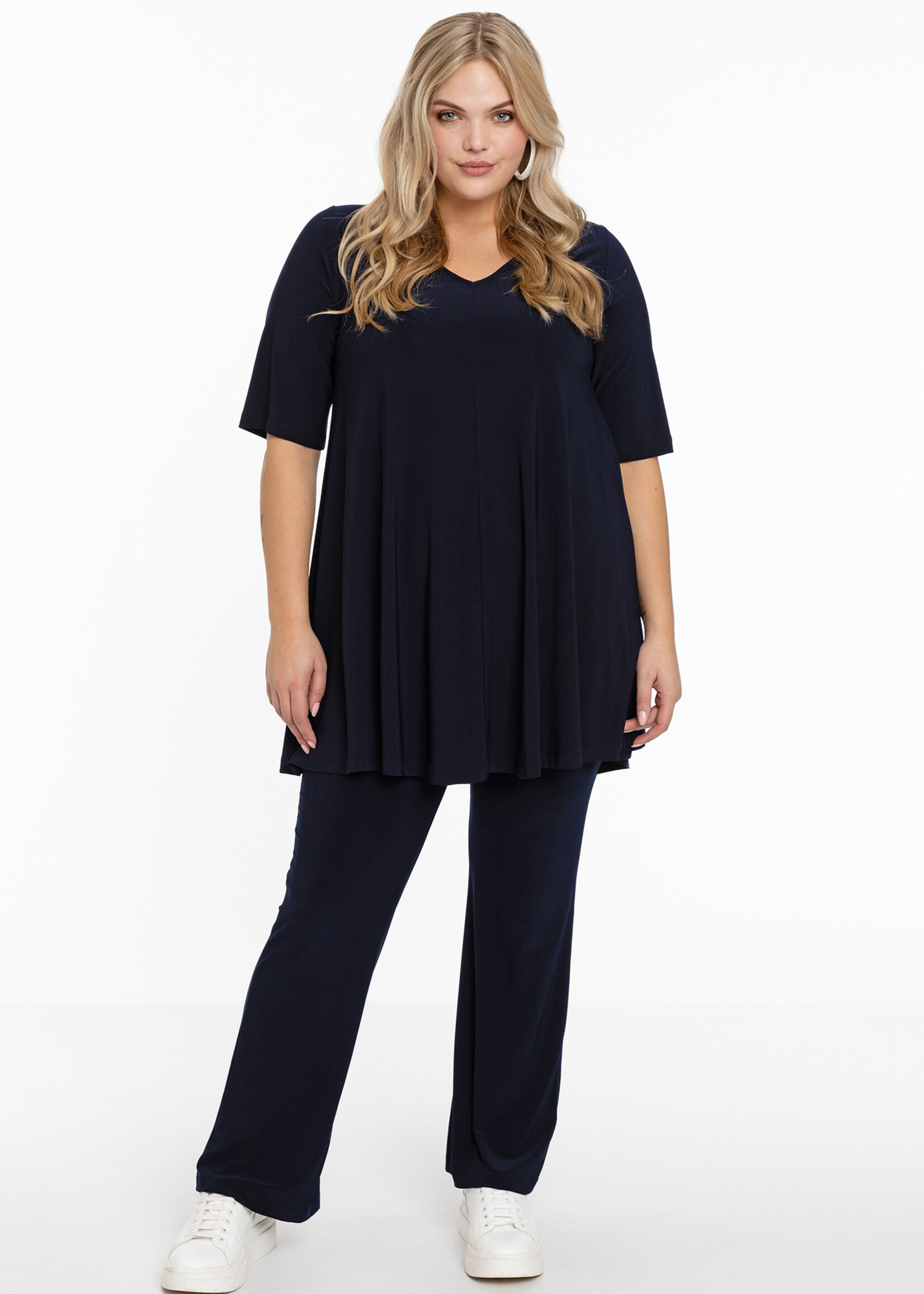 Yoek Yoek Swing Dolce tuniek in blauw – Wide Bottom A-lijn met V-hals