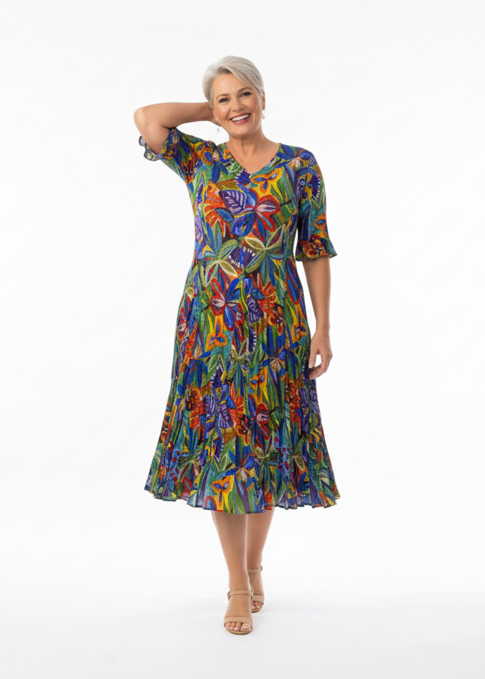 Orientique Orientique Zapallar Godet jurk – zwierige A-lijn jurk met kleurrijke print