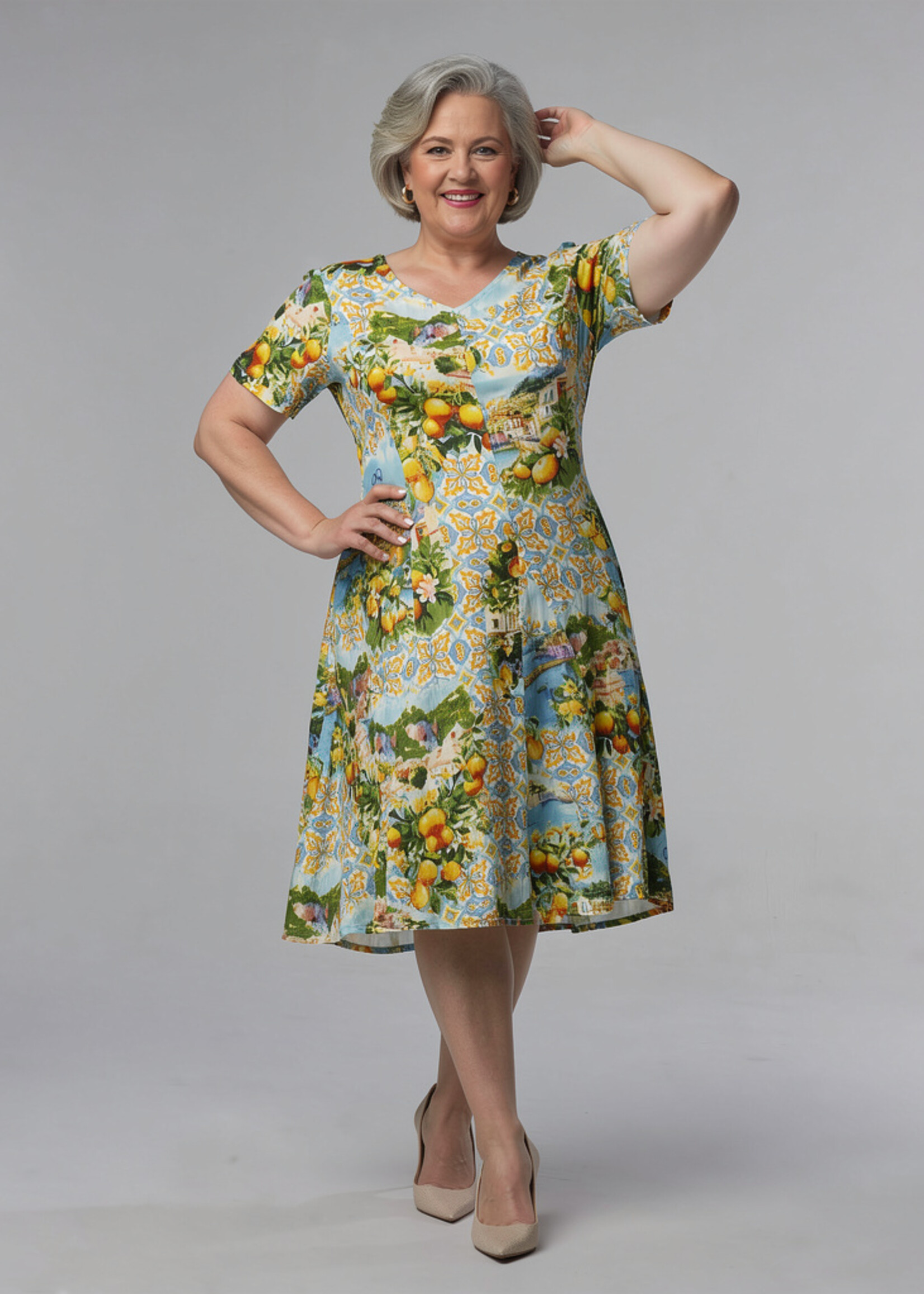 Orientique Orientique Jurk Amalfi Godet (30188) – Italiaanse Citroenprint & Zwierige Rok