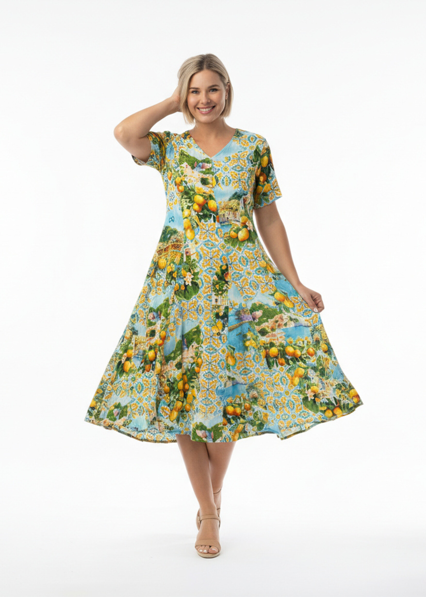 Orientique Orientique Jurk Amalfi Godet (30188) – Italiaanse Citroenprint & Zwierige Rok