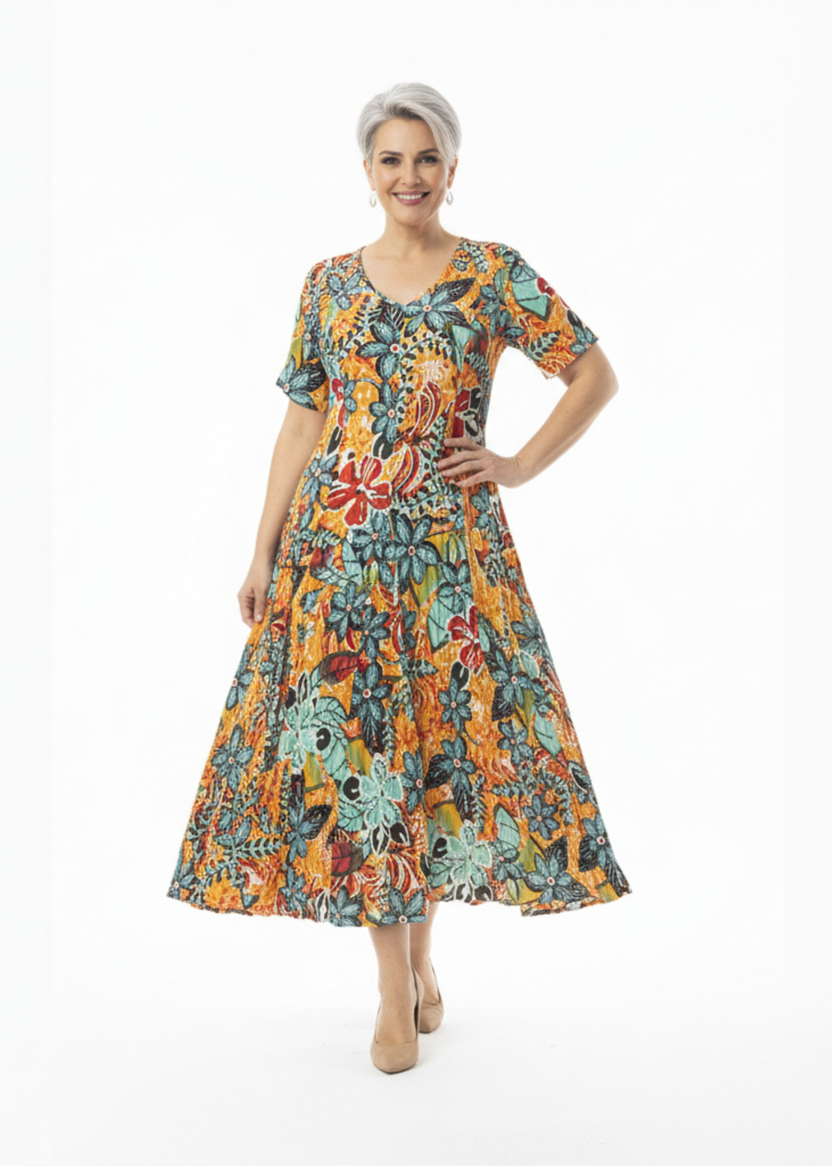 Orientique Orientique Jurk Guaratiba Godet (61748) – Kleurrijke Print & Zwierige Rok