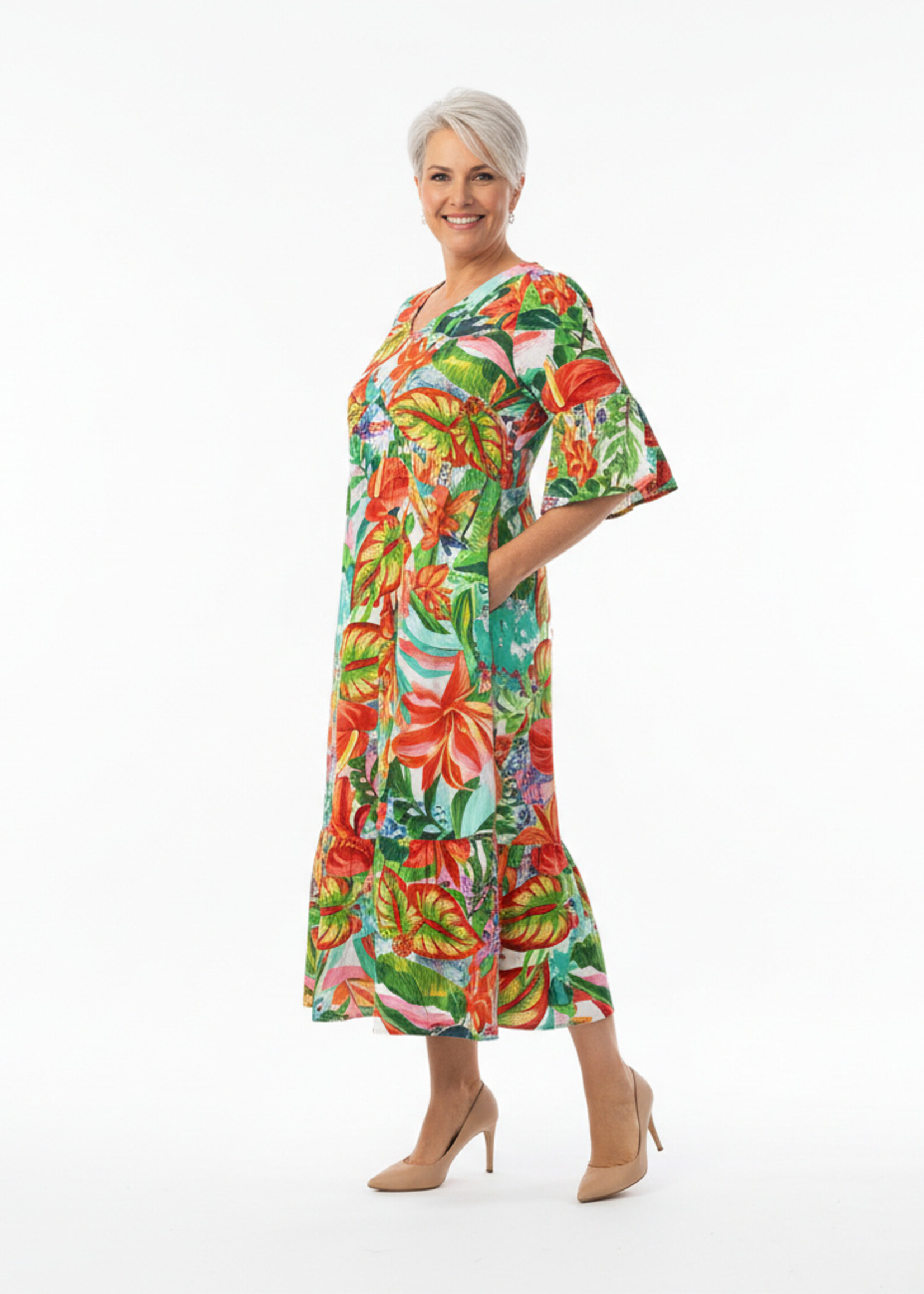 Orientique Orientique Jurk Equador (40220) – Flatteuze V-Peak & Tropische Print