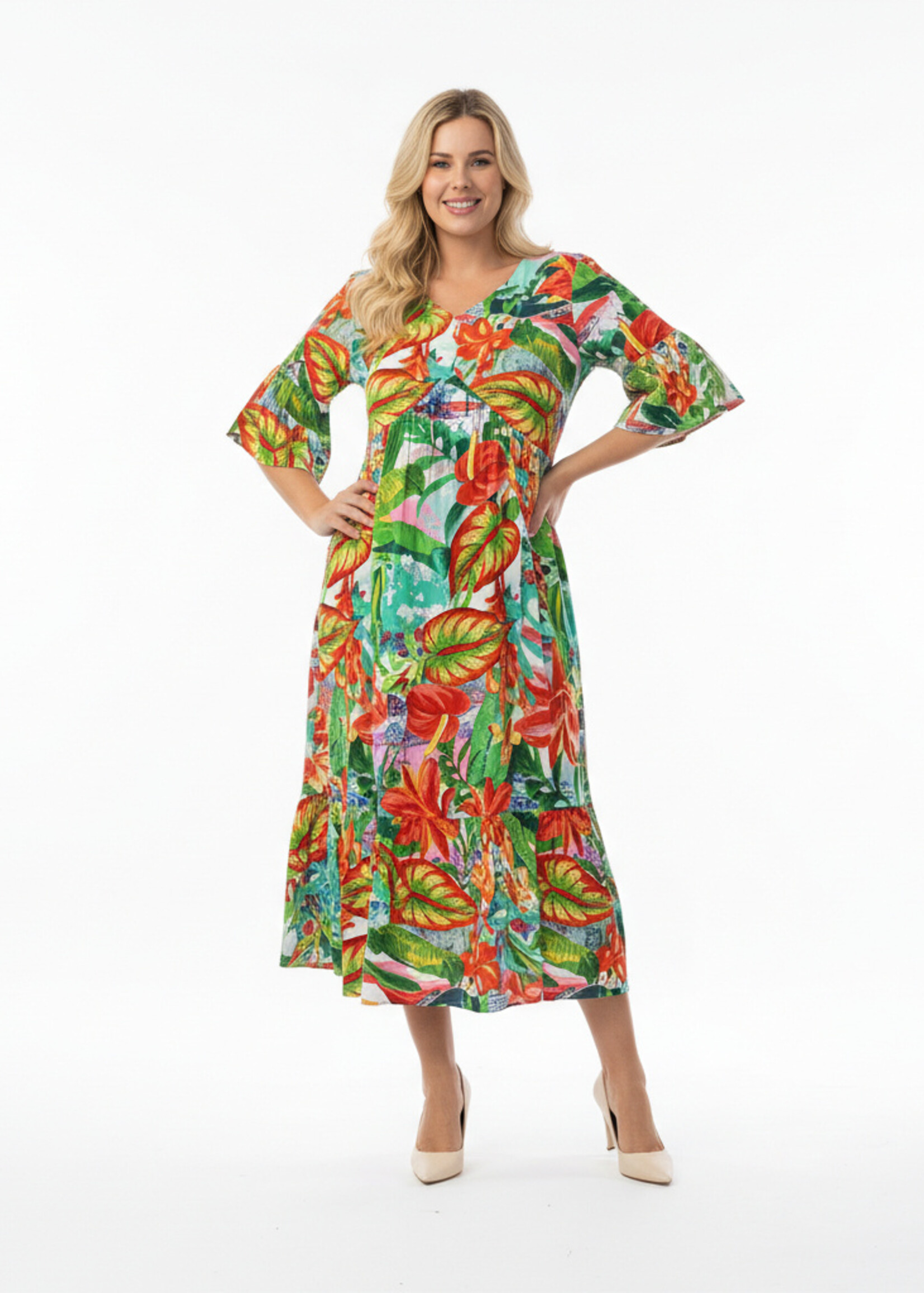 Orientique Orientique Jurk Equador (40220) – Flatteuze V-Peak & Tropische Print