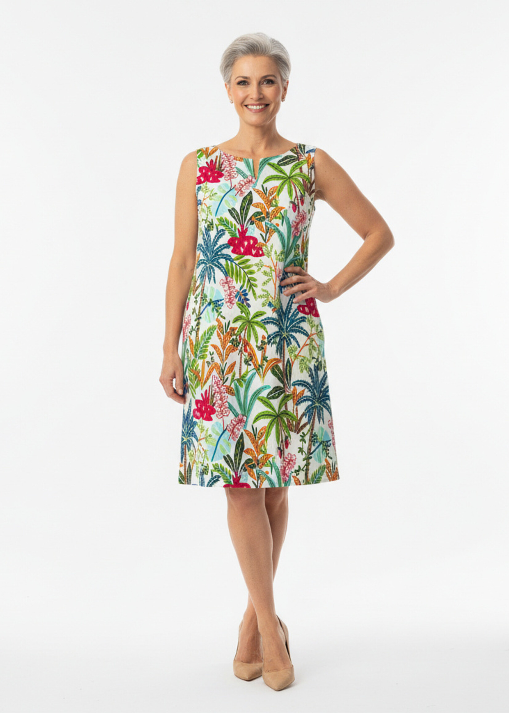 Orientique Orientique Jurk Ovahe - Mouwloze Shift Jurk van Bio-Katoen met Tropische Print en Boothals-detail