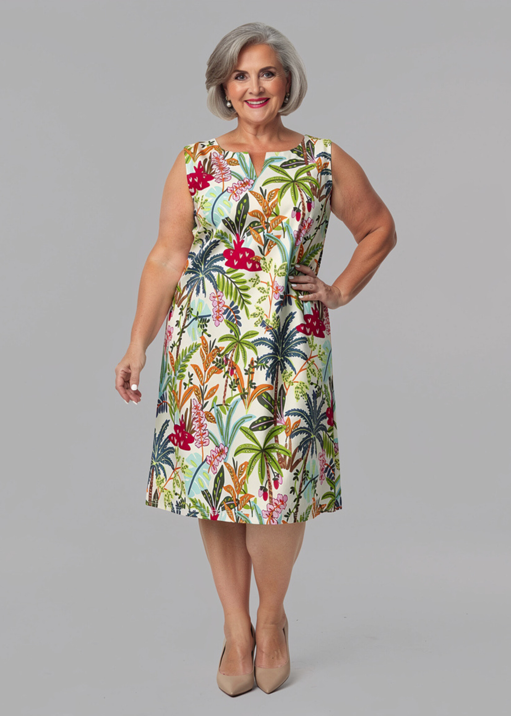 Orientique Orientique Jurk Ovahe - Mouwloze Shift Jurk van Bio-Katoen met Tropische Print en Boothals-detail