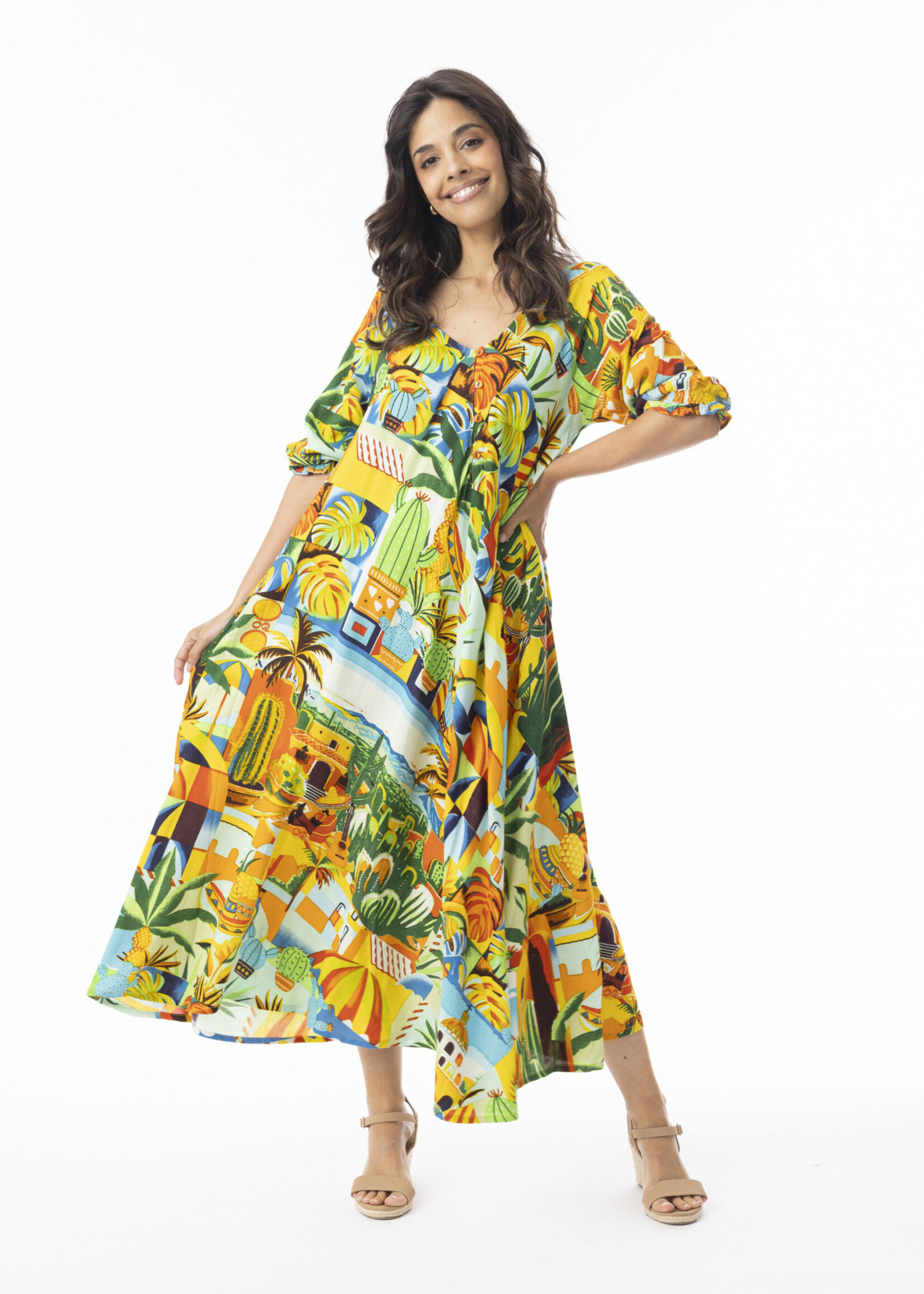 Orientique Orientique Jurk Guatemala - Kleurrijke Midi Jurk van 100% Rayon met V-hals