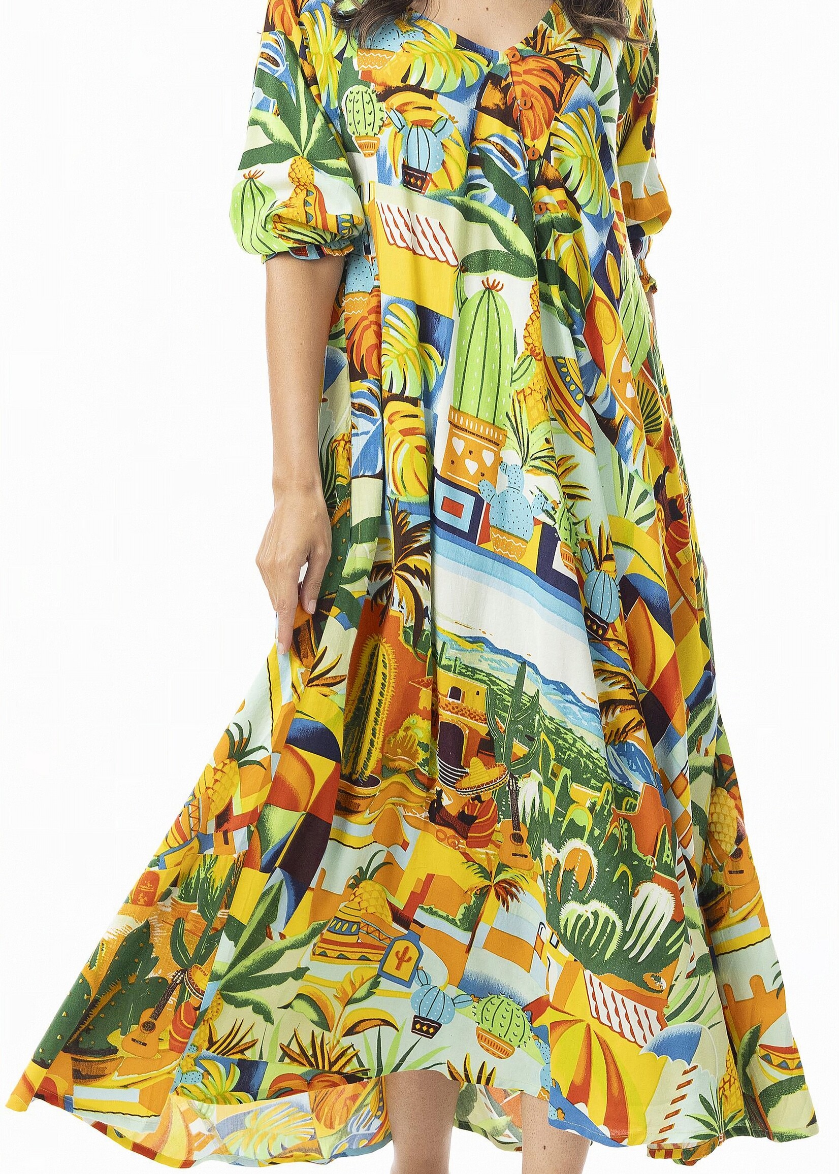 Orientique Orientique Jurk Guatemala - Kleurrijke Midi Jurk van 100% Rayon met V-hals