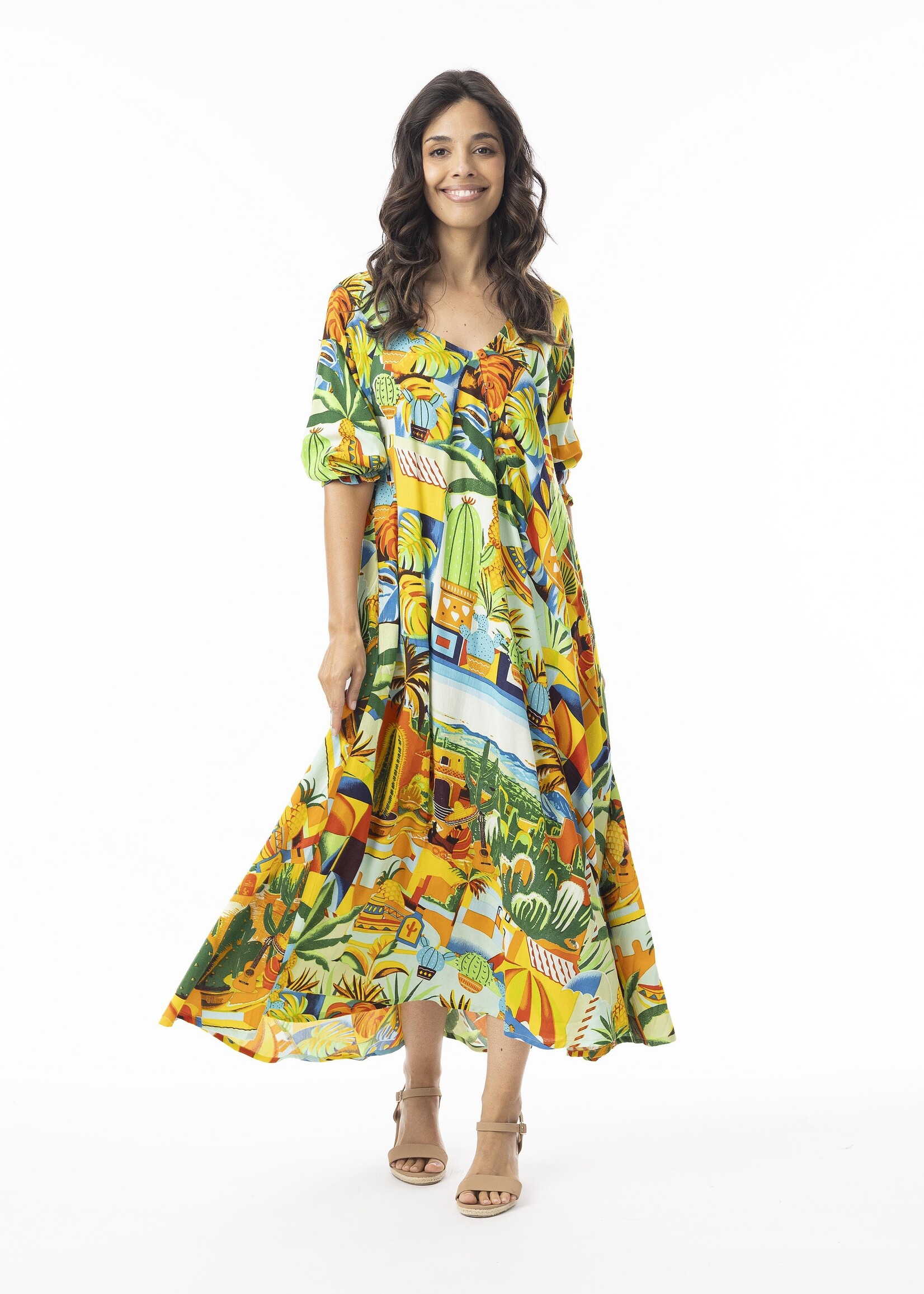 Orientique Orientique Jurk Guatemala - Kleurrijke Midi Jurk van 100% Rayon met V-hals