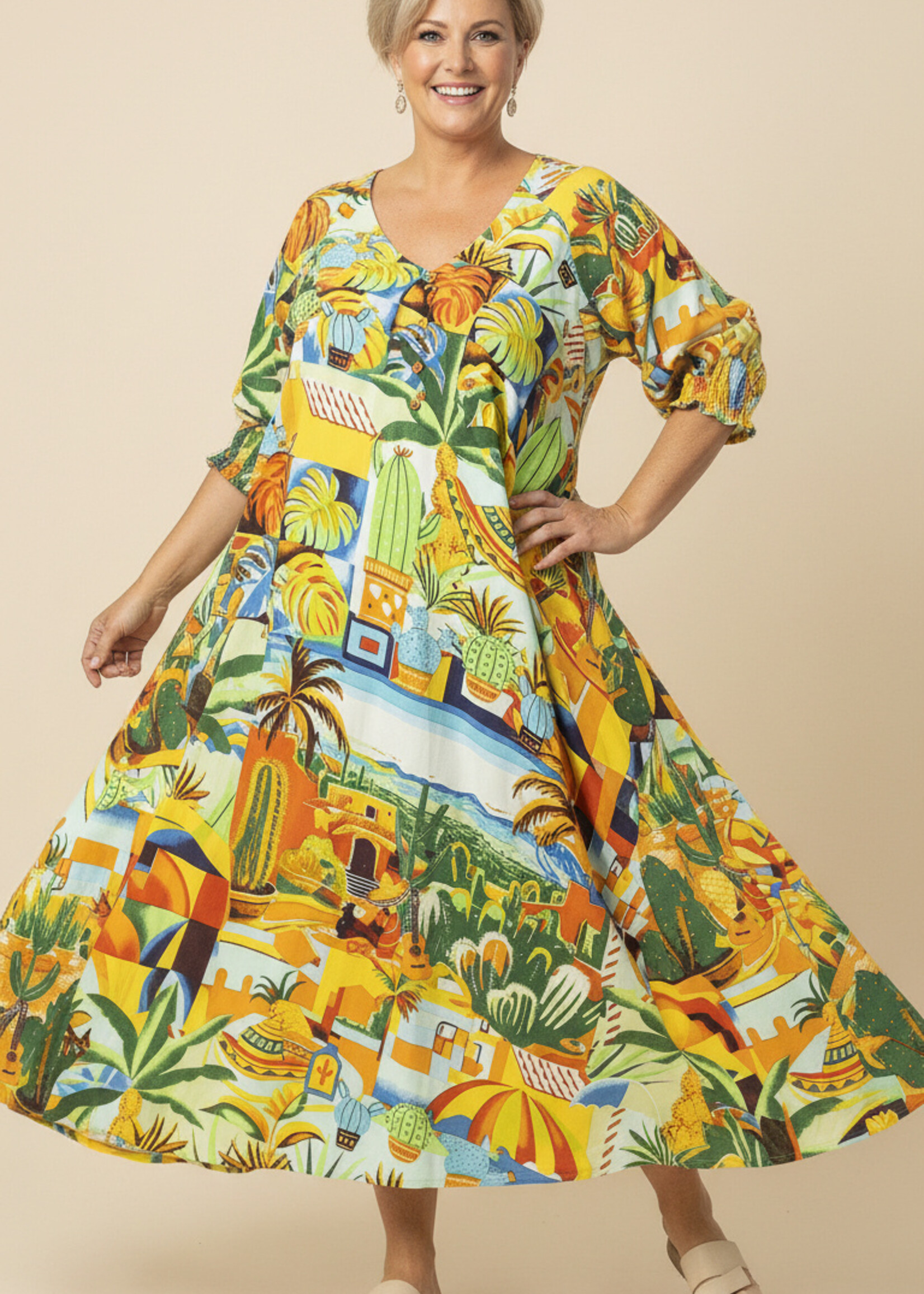 Orientique Orientique Jurk Guatemala - Kleurrijke Midi Jurk van 100% Rayon met V-hals