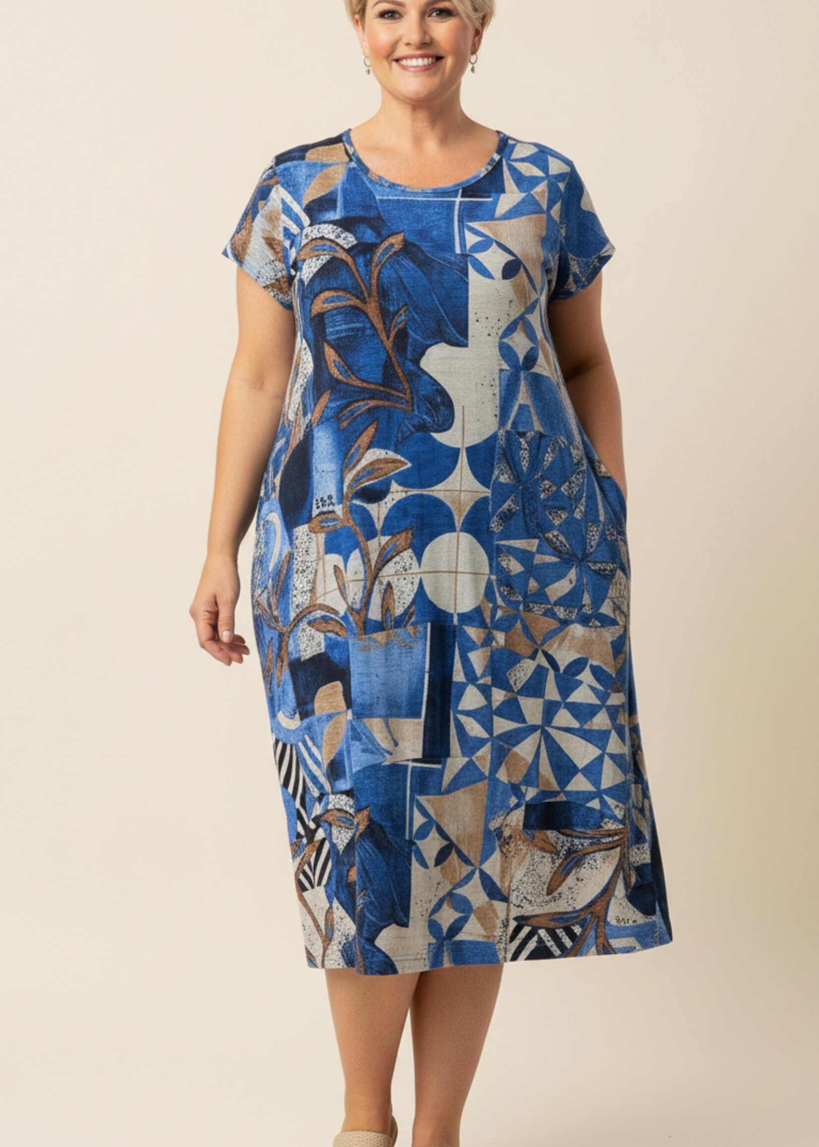 Orientique Orientique Jurk Wyndam Flair - Comfortabele Midi Shift Jurk van 100% Katoen met Blauwe Print
