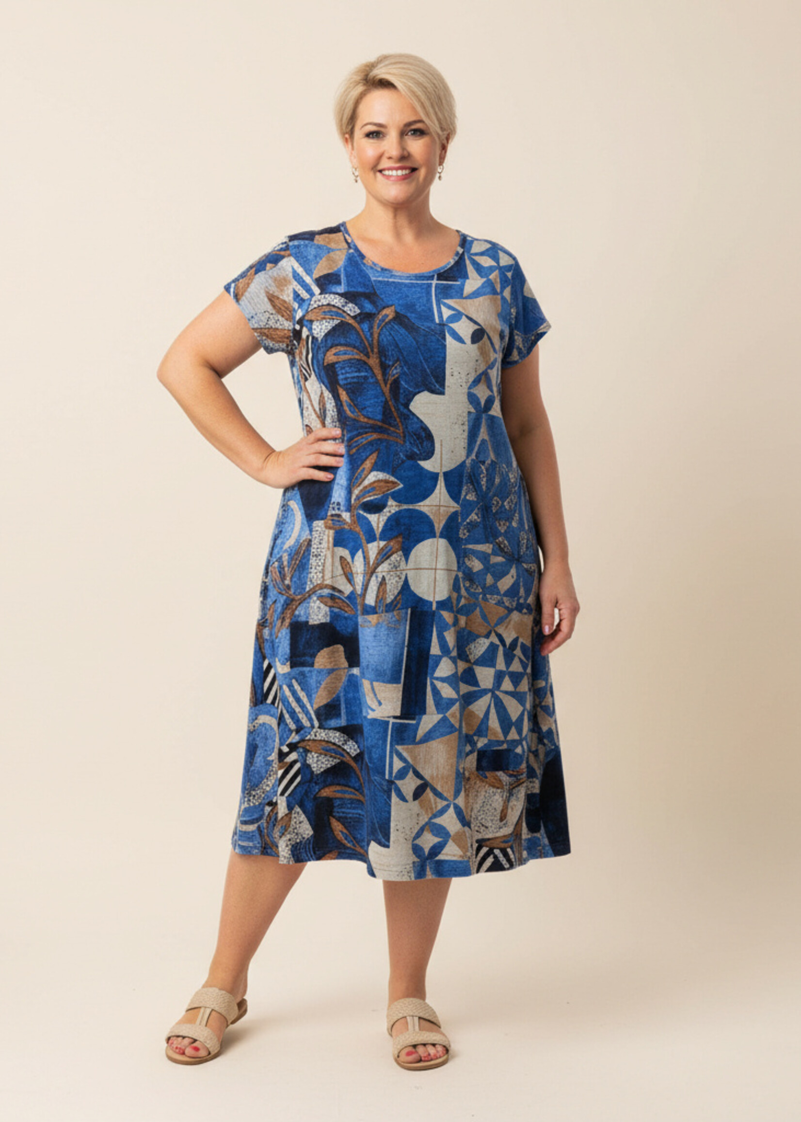 Orientique Orientique Jurk Wyndam Flair - Comfortabele Midi Shift Jurk van 100% Katoen met Blauwe Print