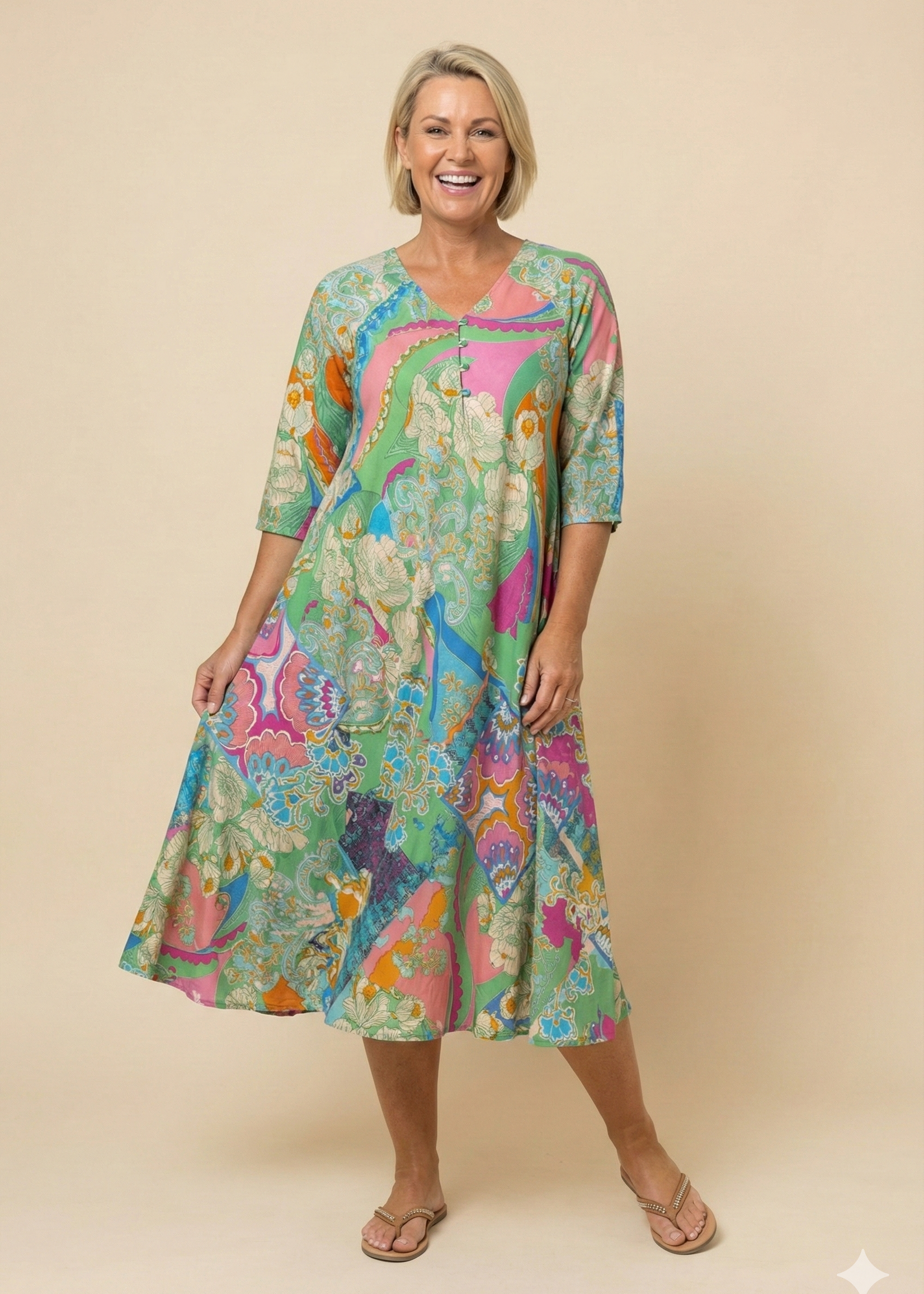 Orientique Orientique Jurk Santa Cruz Shirred Sleeve - Wijde Midi Jurk van 100% Rayon