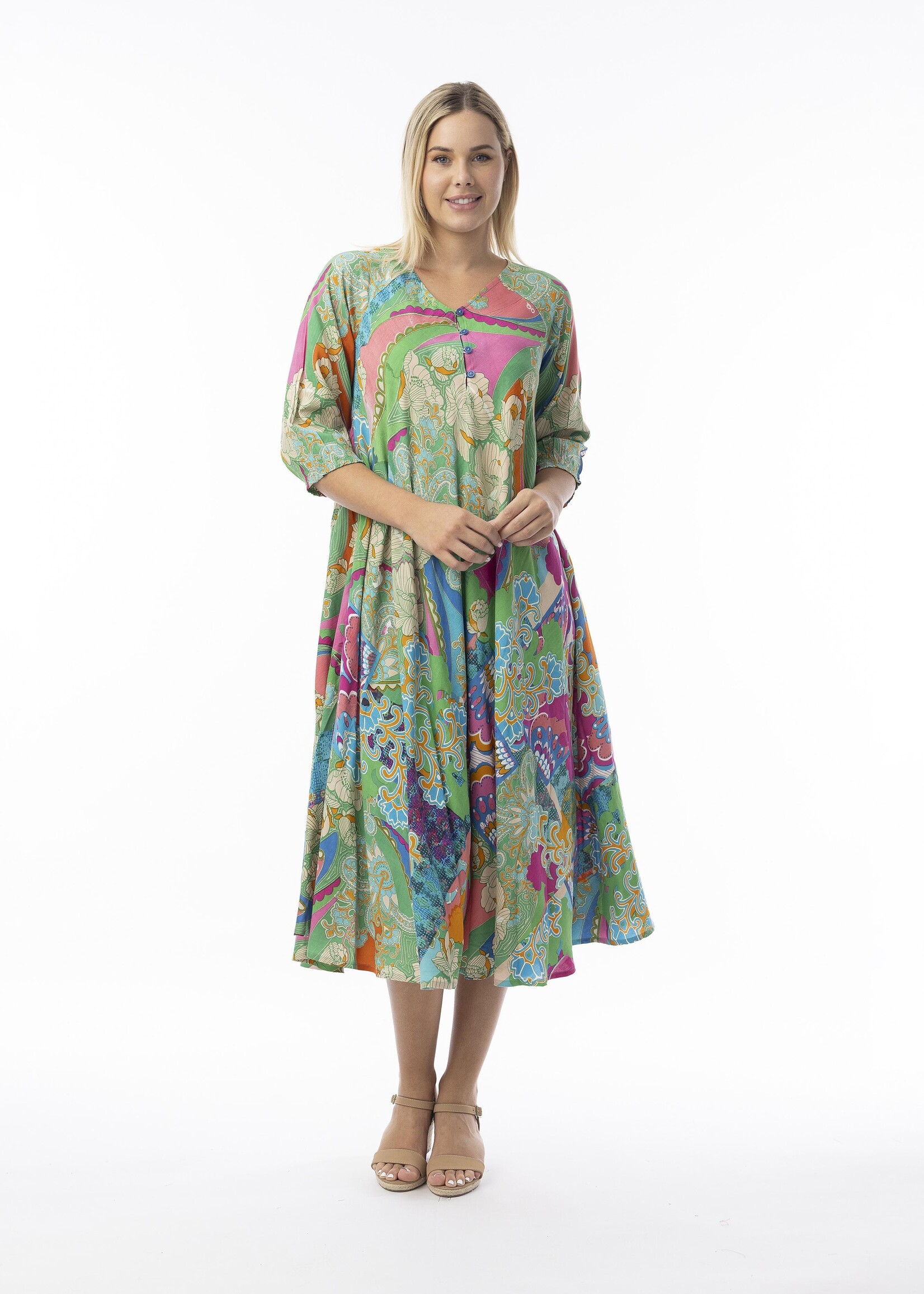 Orientique Orientique Jurk Santa Cruz Shirred Sleeve - Wijde Midi Jurk van 100% Rayon