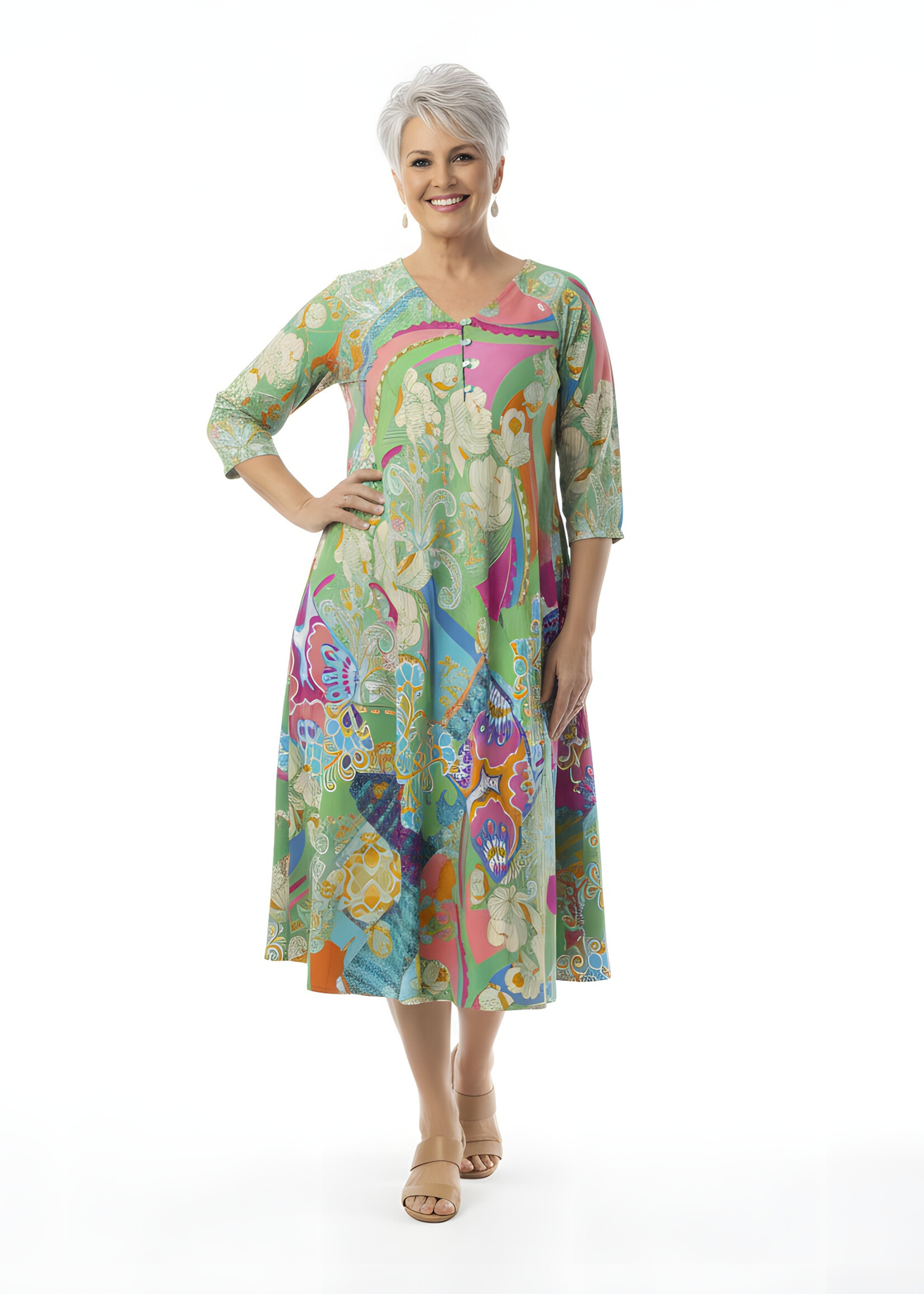 Orientique Orientique Jurk Santa Cruz Shirred Sleeve - Wijde Midi Jurk van 100% Rayon