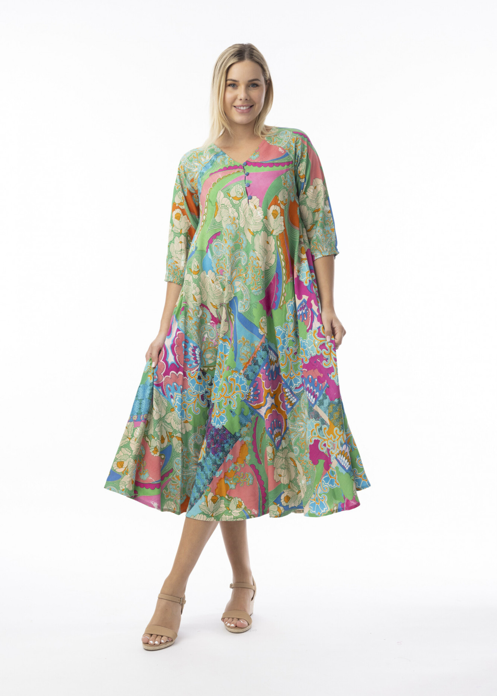 Orientique Orientique Jurk Santa Cruz Shirred Sleeve - Wijde Midi Jurk van 100% Rayon