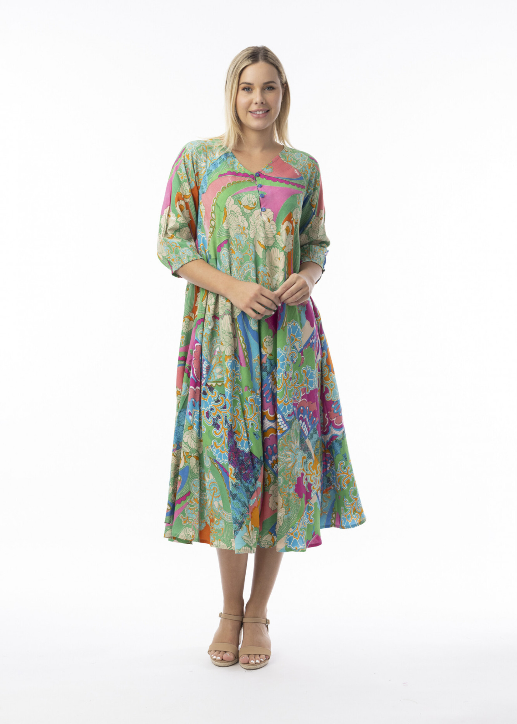 Orientique Orientique Jurk Santa Cruz Shirred Sleeve - Wijde Midi Jurk van 100% Rayon