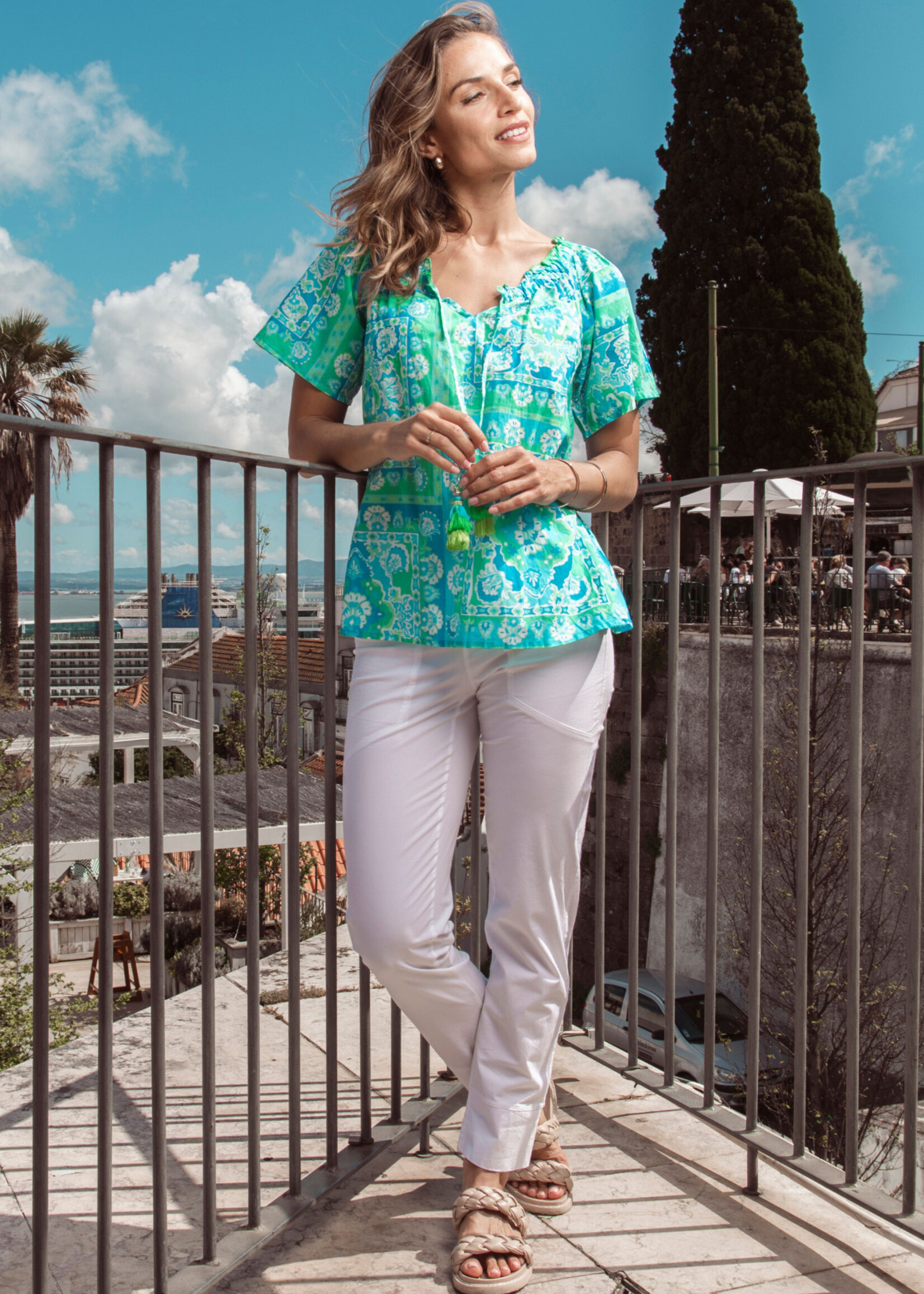 Orientique Orientique Blouse Montevideo Aqua - Zomerse Top van 100% Biologisch Katoen met Kwastjes