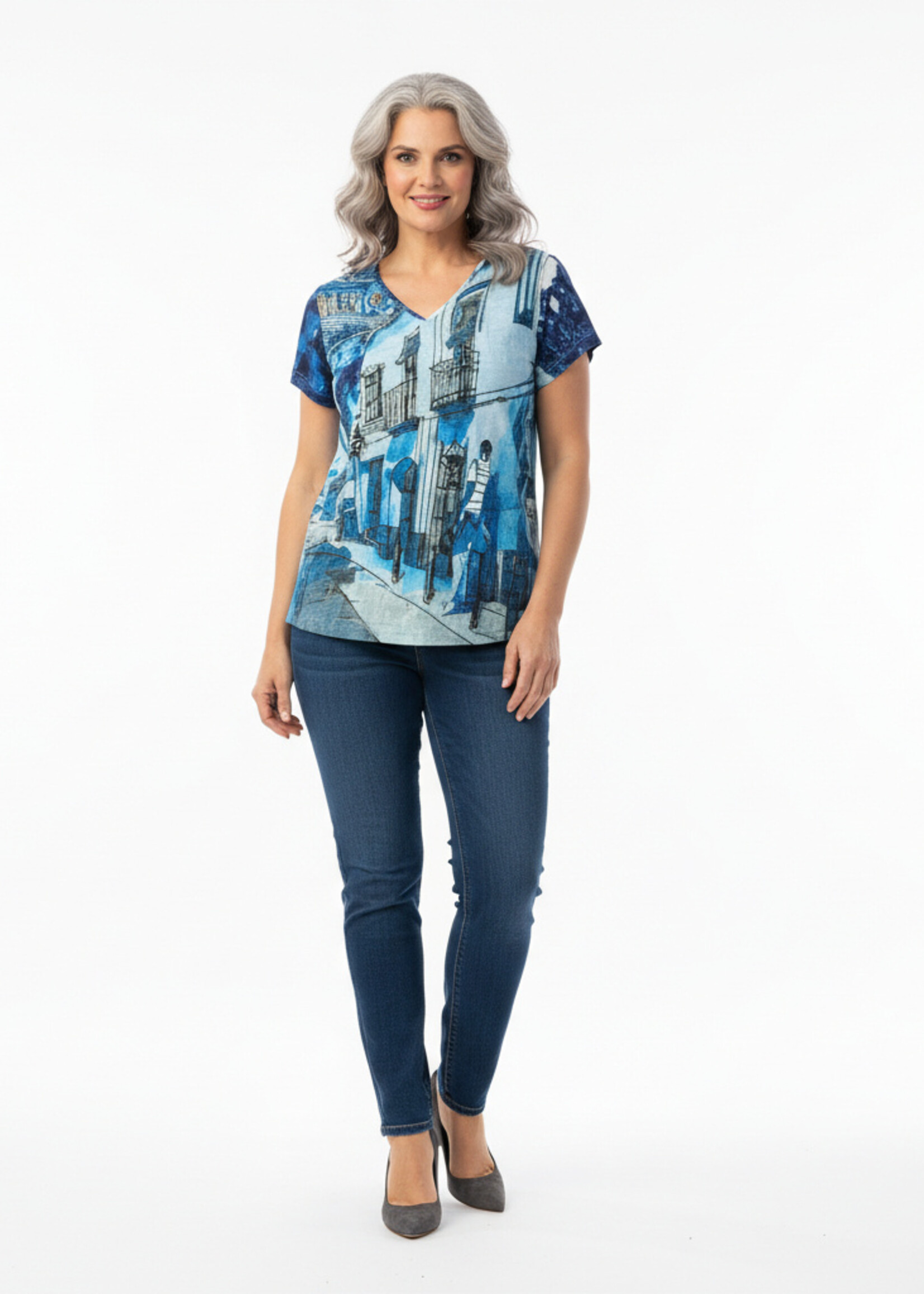 Orientique Orientique Shirt Contemporary V - Top van 100% Biologisch Katoen met Tower Blue Print