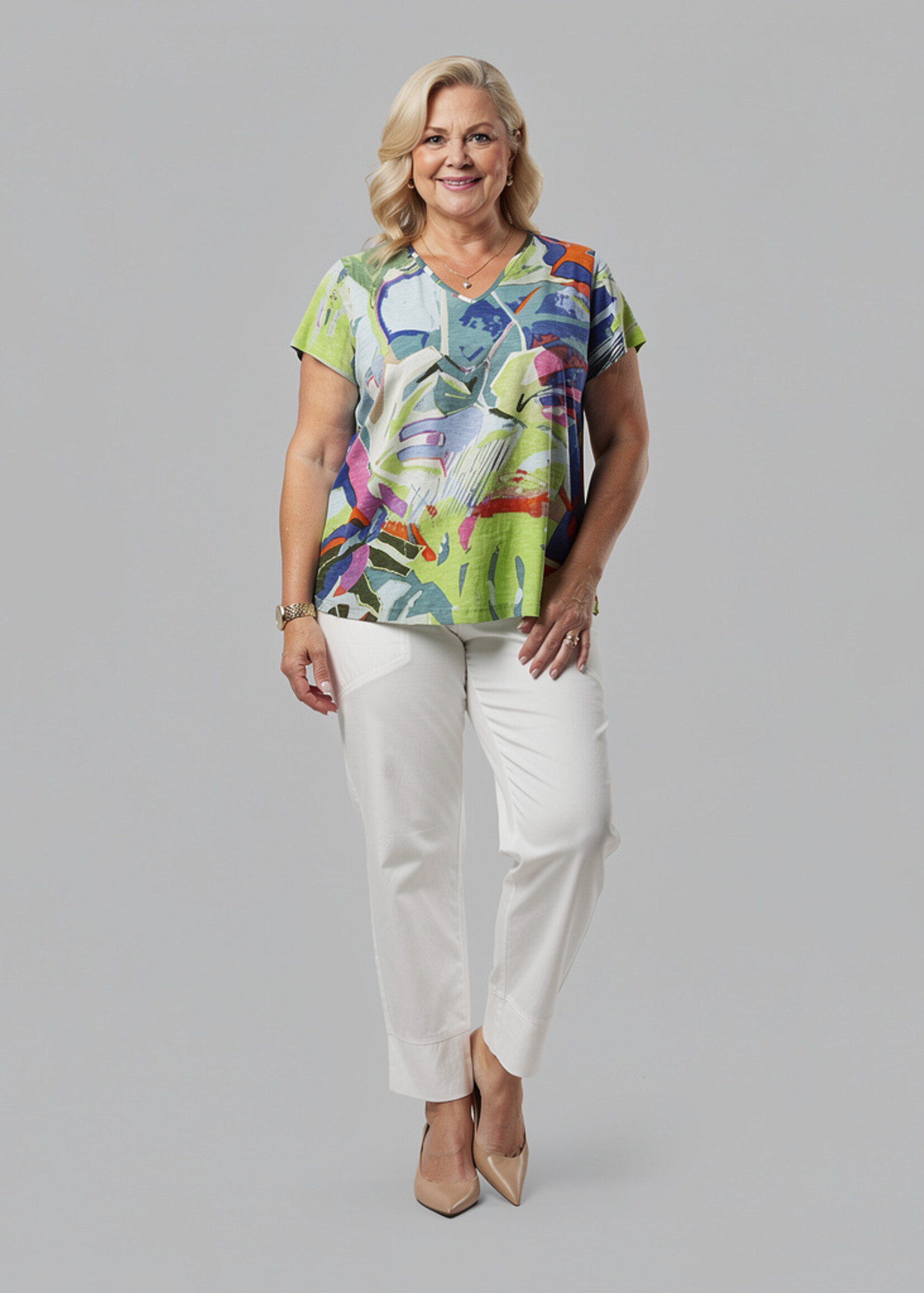 Orientique Orientique Shirt Contemporary V - Top van 100% Biologisch Katoen met Leaves Blue Print