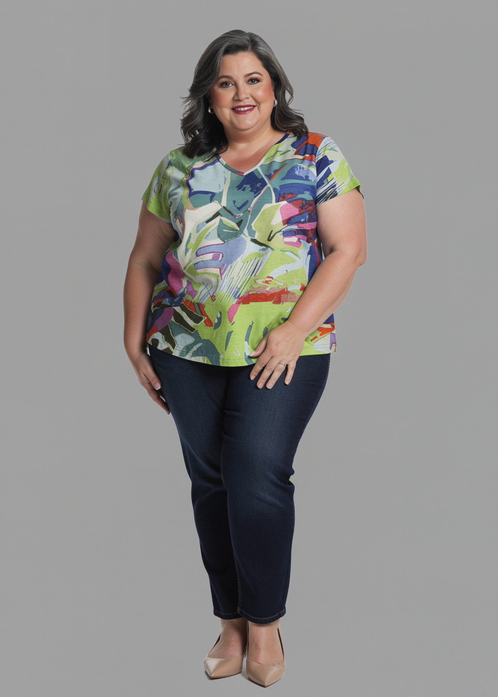 Orientique Orientique Shirt Contemporary V - Top van 100% Biologisch Katoen met Leaves Blue Print