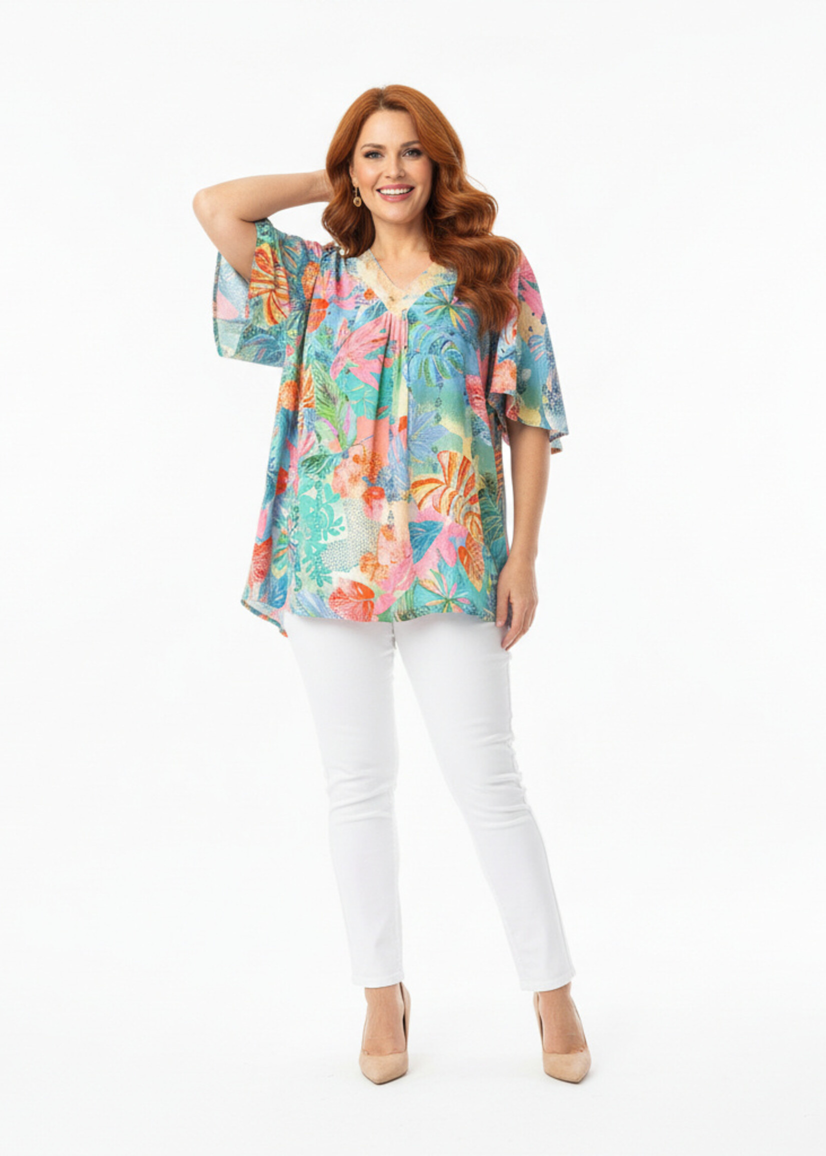 Orientique Orientique Blouse Malvinas V - Kleurrijke Rayon Top met V-hals en High-Low Zoom
