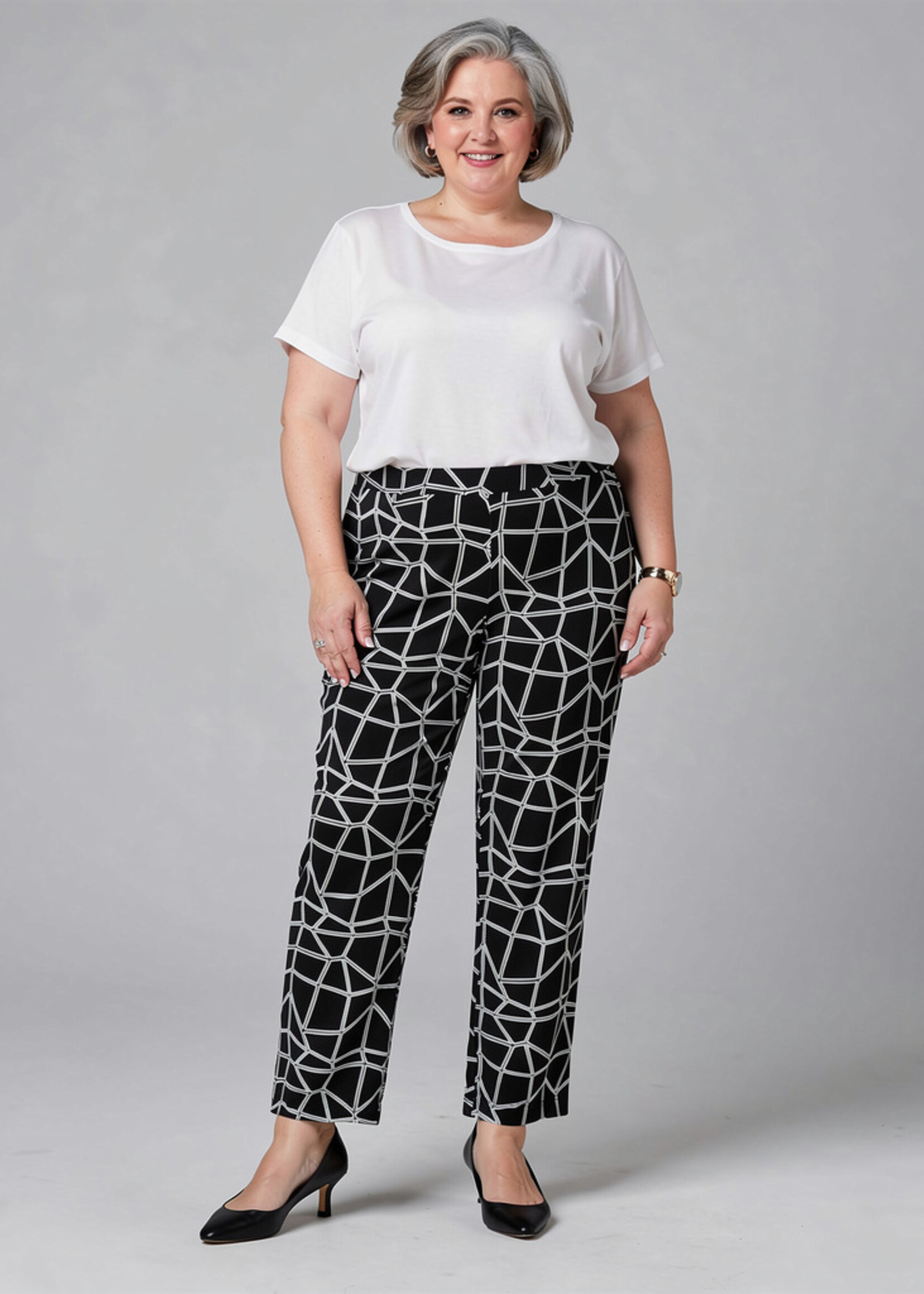 Colletta Colletta Broek Nadine - Comfortabele Broek met Zwart-Wit Geometrische Print in Dolce Travelstof