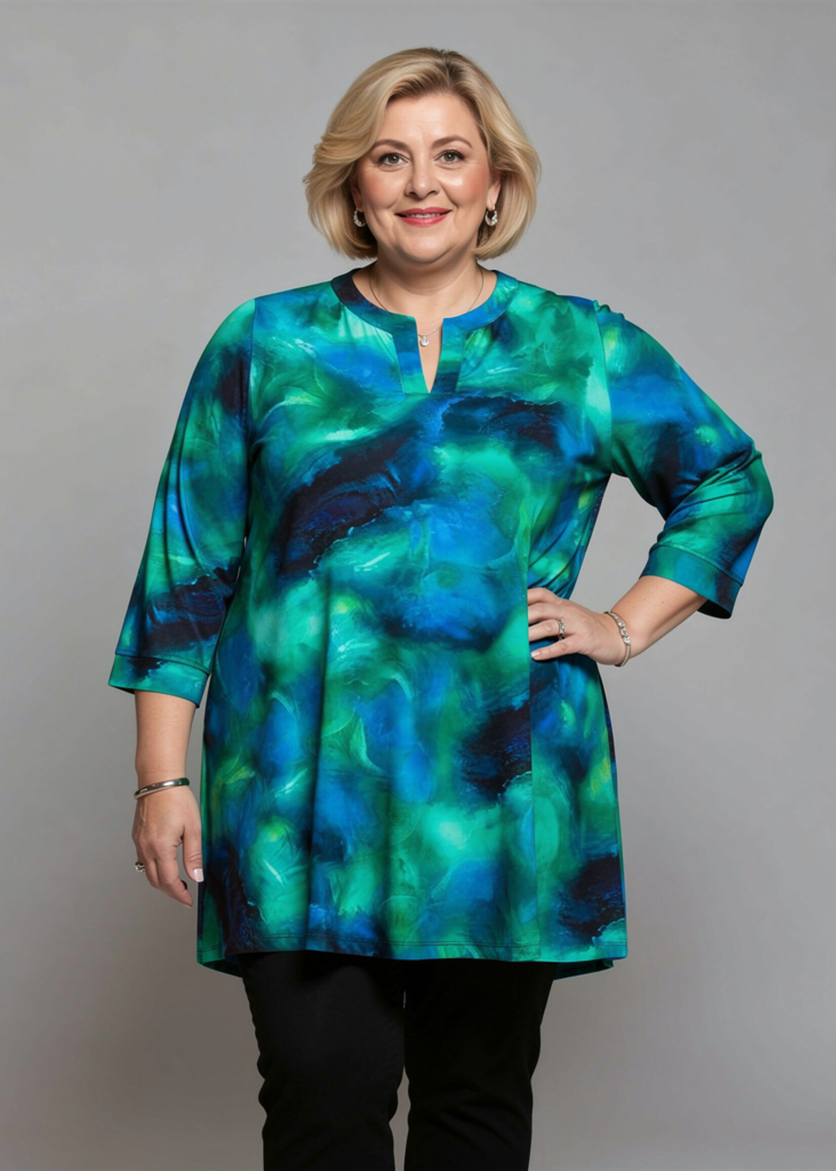 Colletta Colletta Tuniek Nomi - Blauw/Groene Print in Dolce Travelstof (9000638)