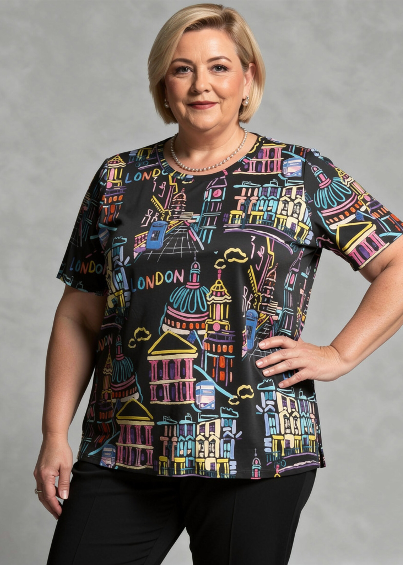 Mona Lisa Mona Lisa Shirt London City - Kleurrijke Top van Viscose-Stretch met Korte Mouw tot in de Elleboog