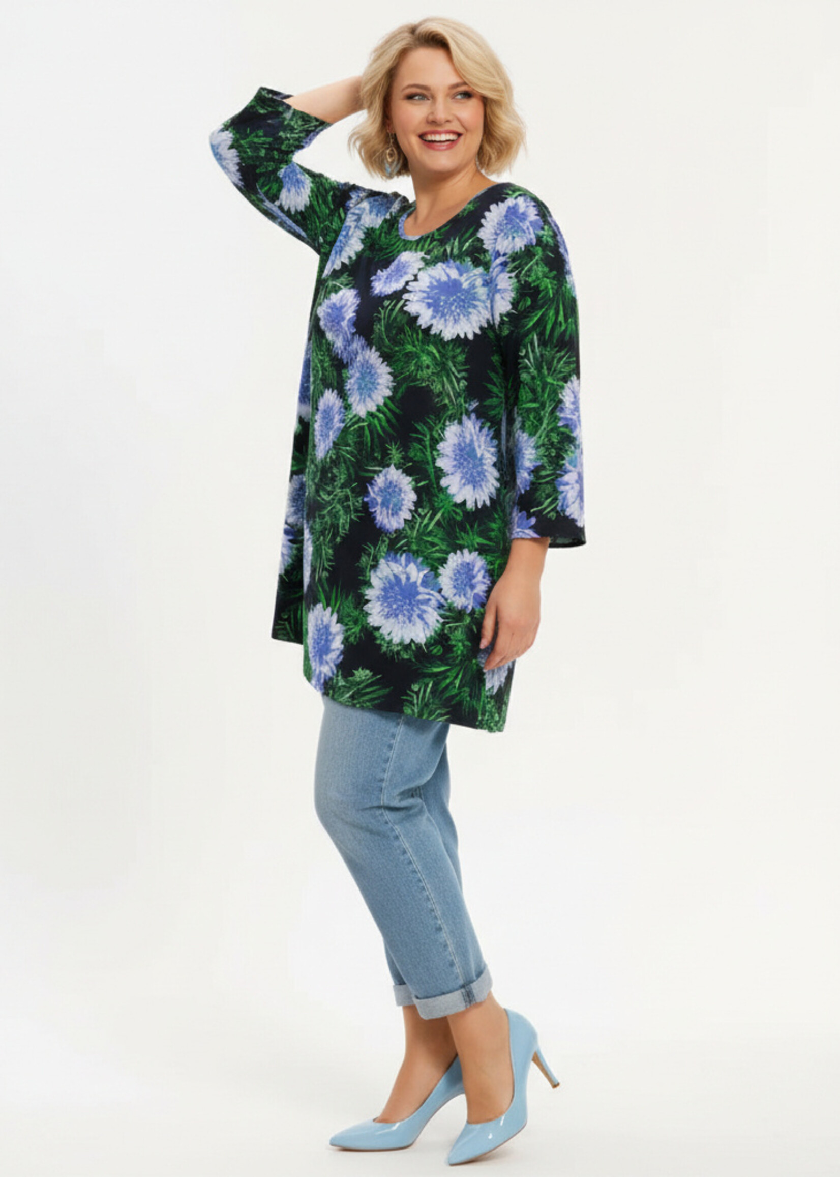 Yoek Yoek Wide Bottom Tuniek Full Blossom - Elegante Bloemenprint met Strassdetails in Dolce Travelstof