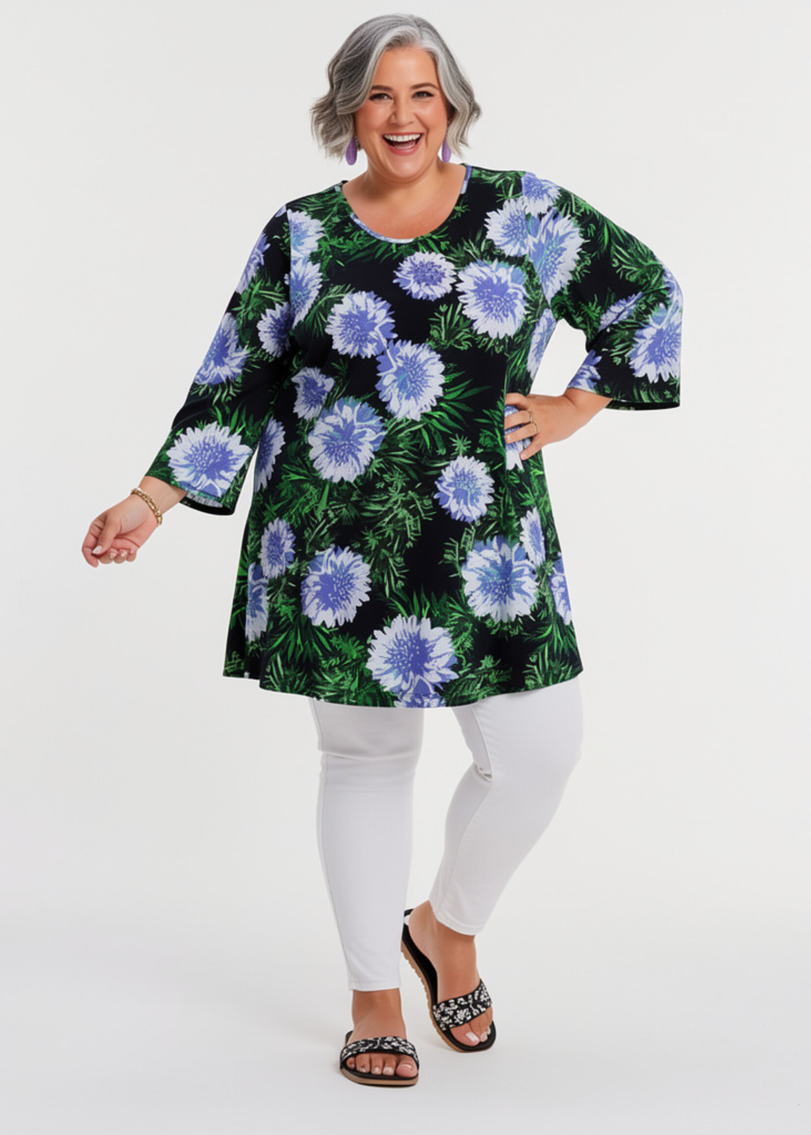 Yoek Yoek Wide Bottom Tuniek Full Blossom - Elegante Bloemenprint met Strassdetails in Dolce Travelstof