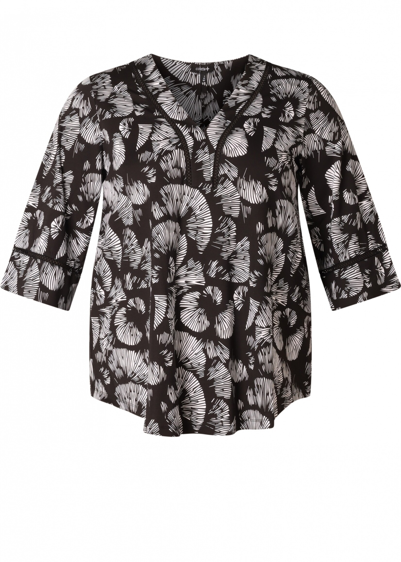 Colletta Colletta Shirt - Zwart-Witte Print met Chique Mesh Details en A-lijn (9000660)