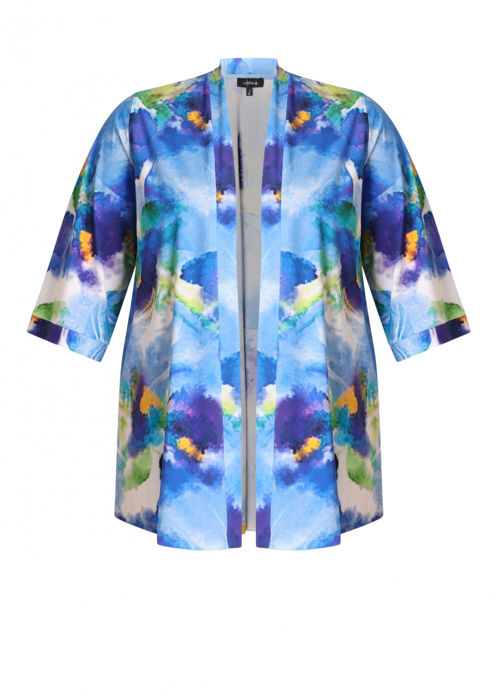 Colletta Colletta Lang Vest Abstract Brush - Luchtige Kimono in Superstretch Travelstof (Blauw/Zand)
