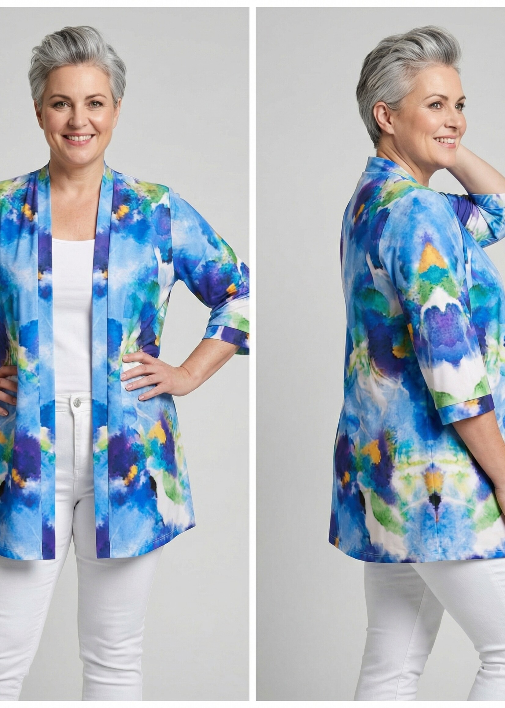 Colletta Colletta Lang Vest Abstract Brush - Luchtige Kimono in Superstretch Travelstof (Blauw/Zand)