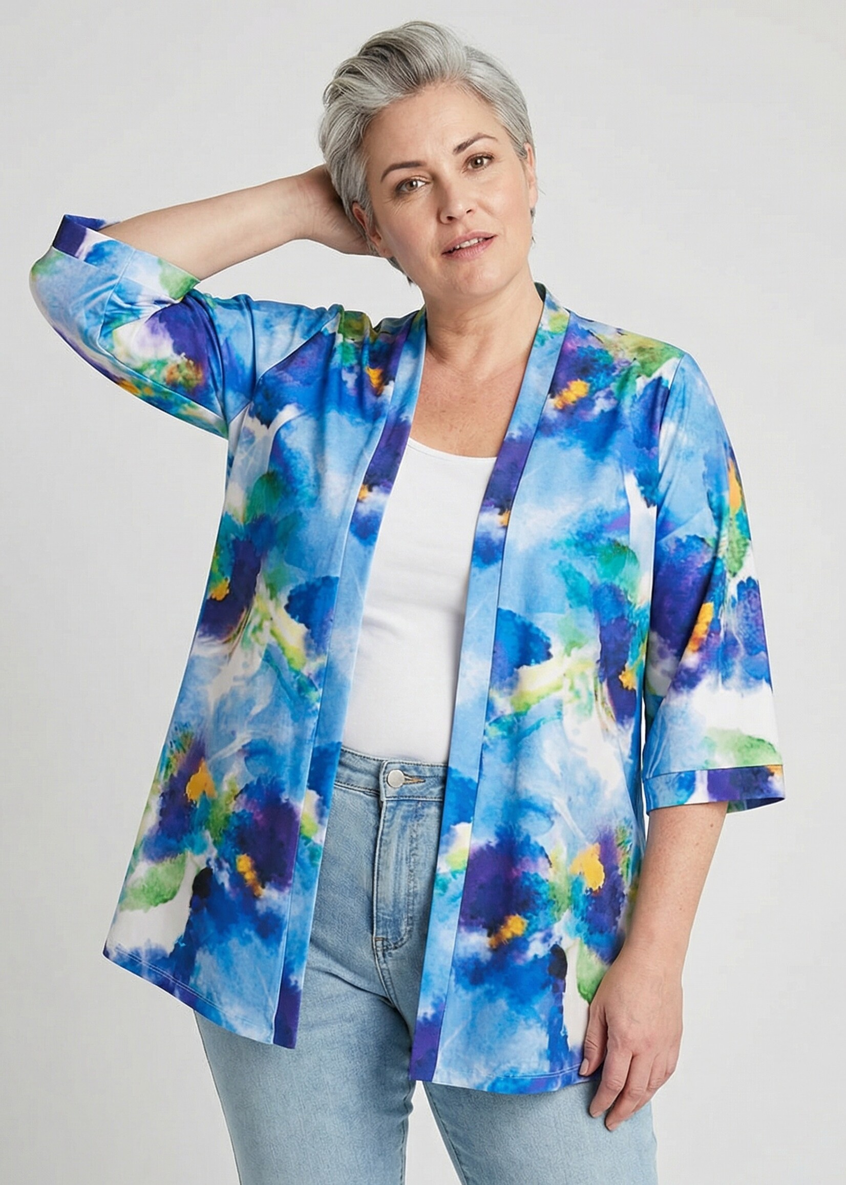 Colletta Colletta Lang Vest Abstract Brush - Luchtige Kimono in Superstretch Travelstof (Blauw/Zand)