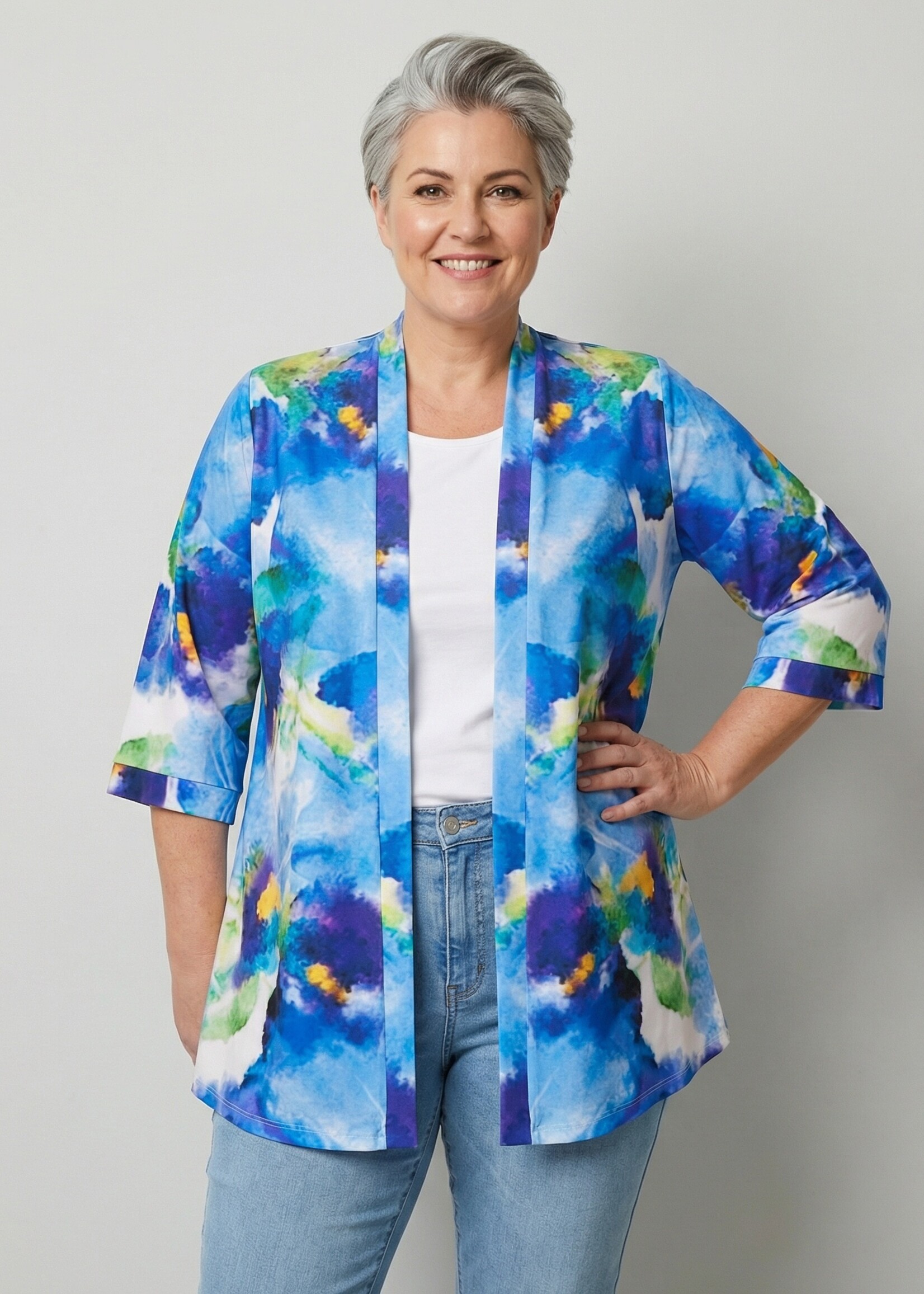 Colletta Colletta Lang Vest Abstract Brush - Luchtige Kimono in Superstretch Travelstof (Blauw/Zand)