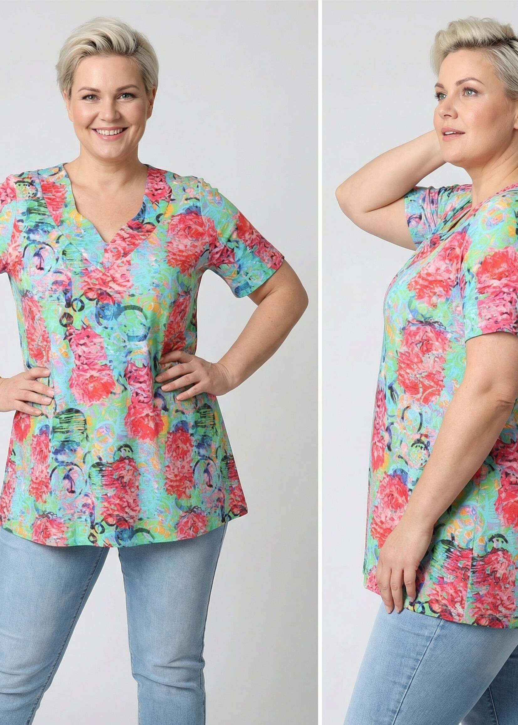 Colletta Colletta Tuniek Turquoise Floral - Vrolijk Shirt met Geschulpte Halslijn en Bloemenprint