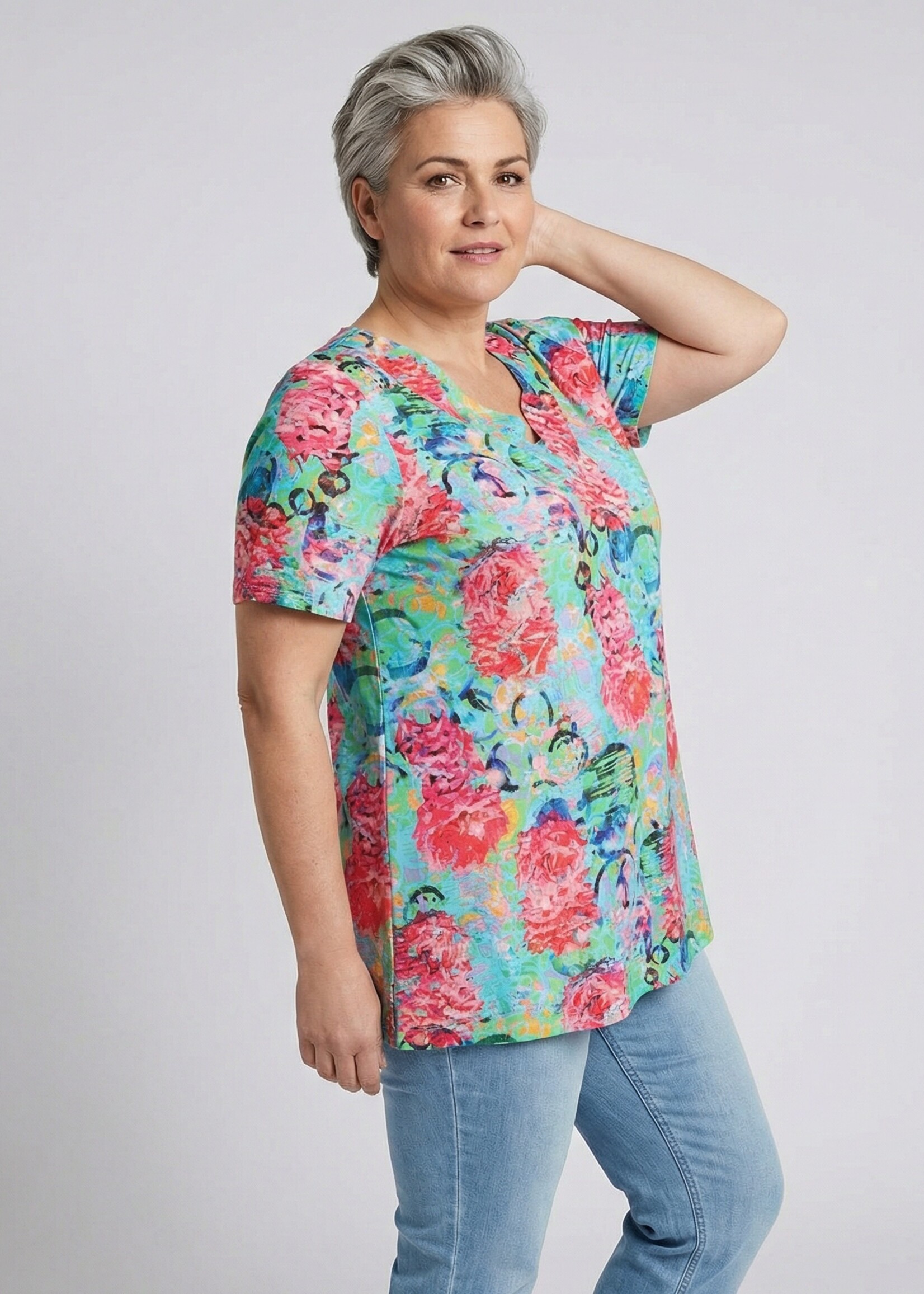 Colletta Colletta Tuniek Turquoise Floral - Vrolijk Shirt met Geschulpte Halslijn en Bloemenprint