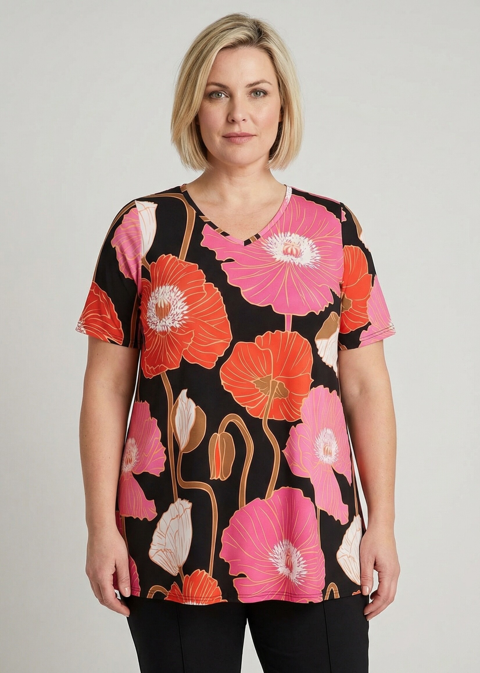 Colletta Colletta Shirt Poppy Print - Vrolijke Top met Grote Bloemen in Rood en Roze (9000681)