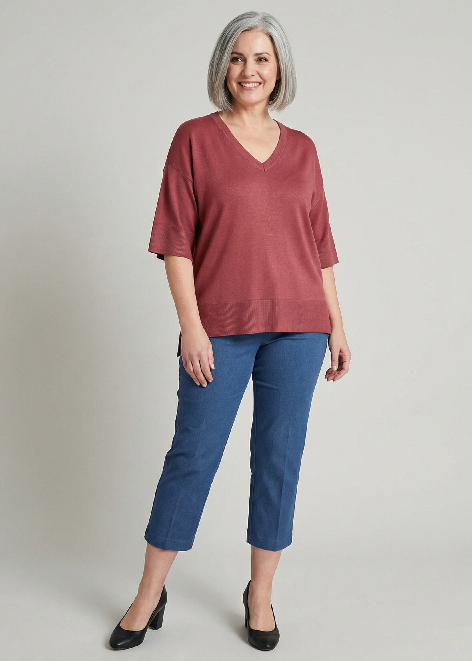 Yest Curve Yest Curve Fijngebreide Trui V-hals met Elleboogmouw - Verkrijgbaar in Light Blue & Plum (A006200)