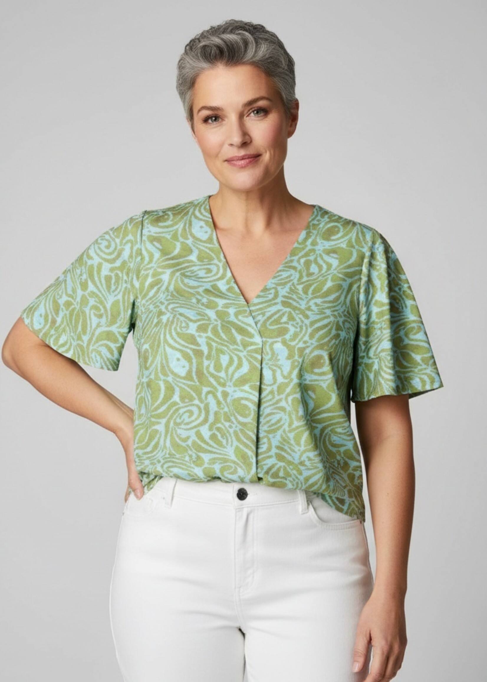 Yest Curve est Curve Shirt Fawn – Abstracte Print Groen/Blauw met V-hals