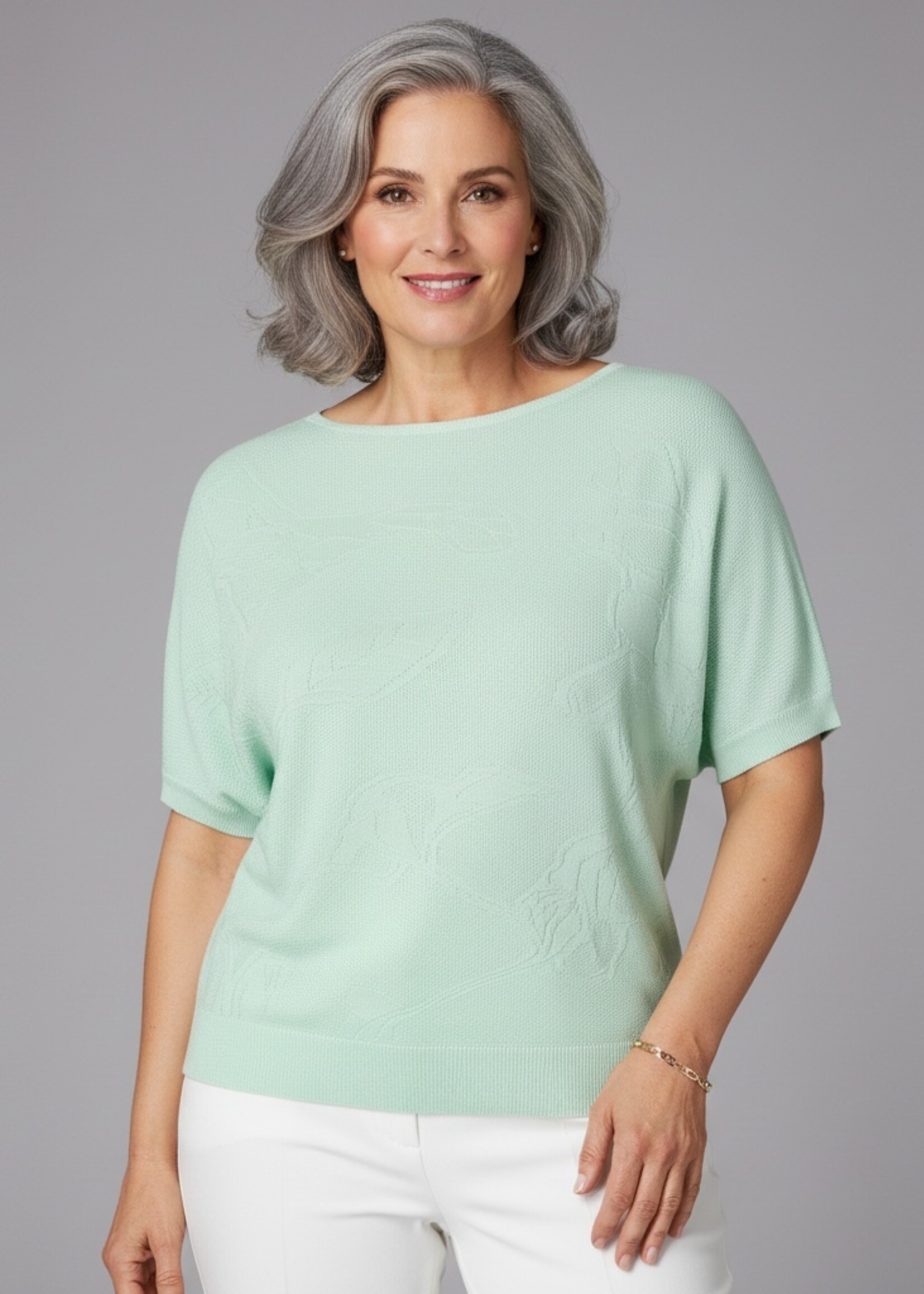 Yest Curve est Curve Truitje Lilianah – Fijngebreide Top met Floraal Motief (Wit & Mint)